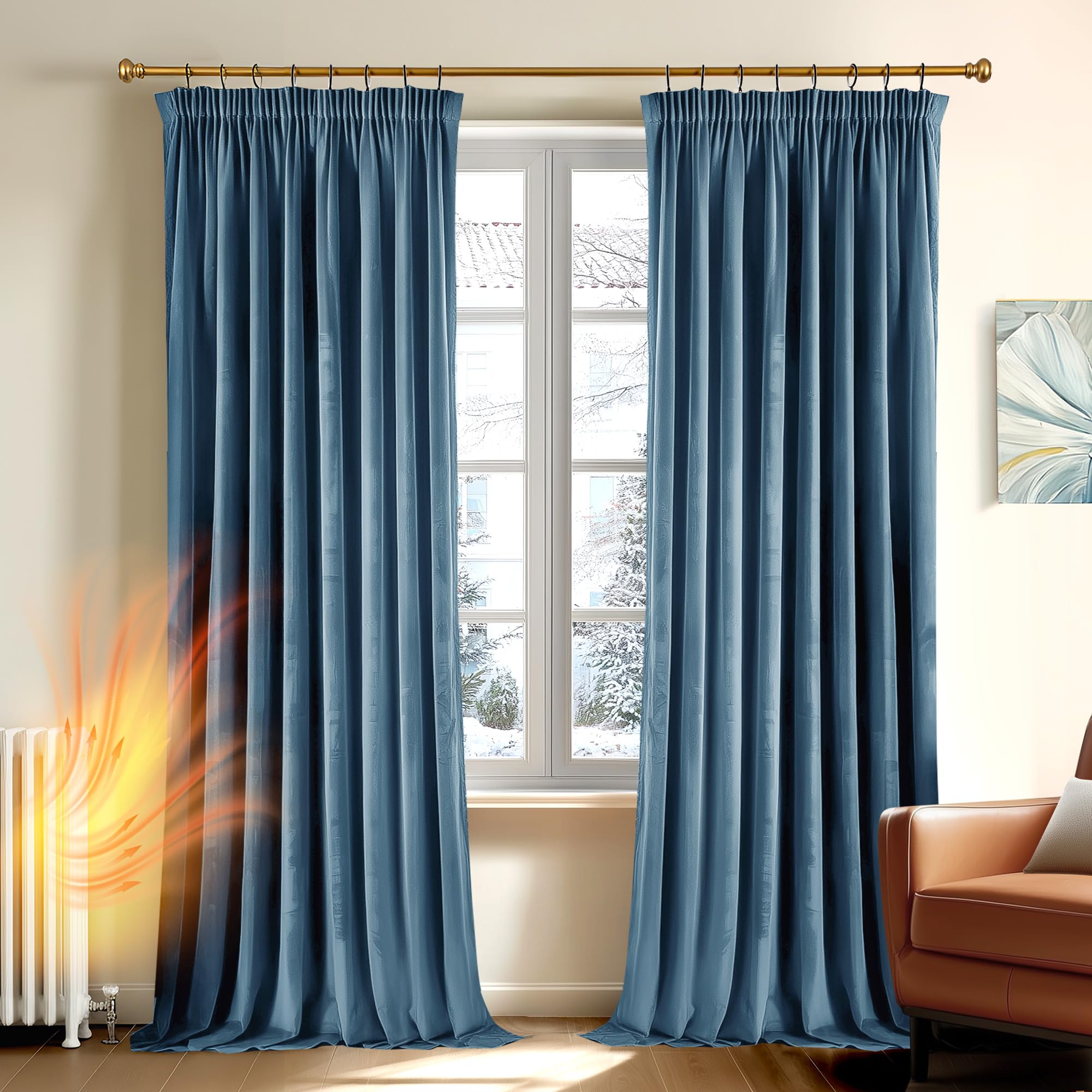 Deconovo Lot de 2Rideaux en Velours Occultants avec Bande Froncée Rideaux en Velours Thermiques pour Salon et Chambre,140L x 175H cm (2 Panneaux) Bleu Gris