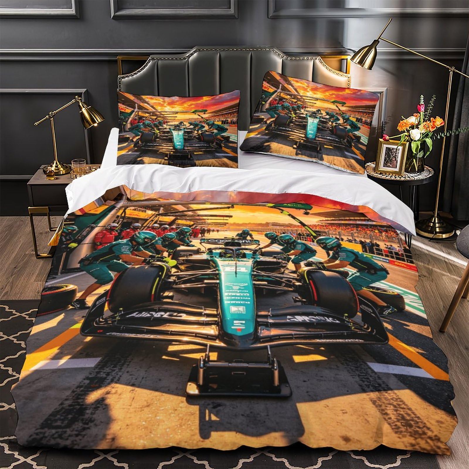 DAFUfbw 3D Printed Formulaa Racing Quilt Cover King（220x240cm）, Breathable Duvet Cover Pit Stop Comforter Cover with Pillowcase