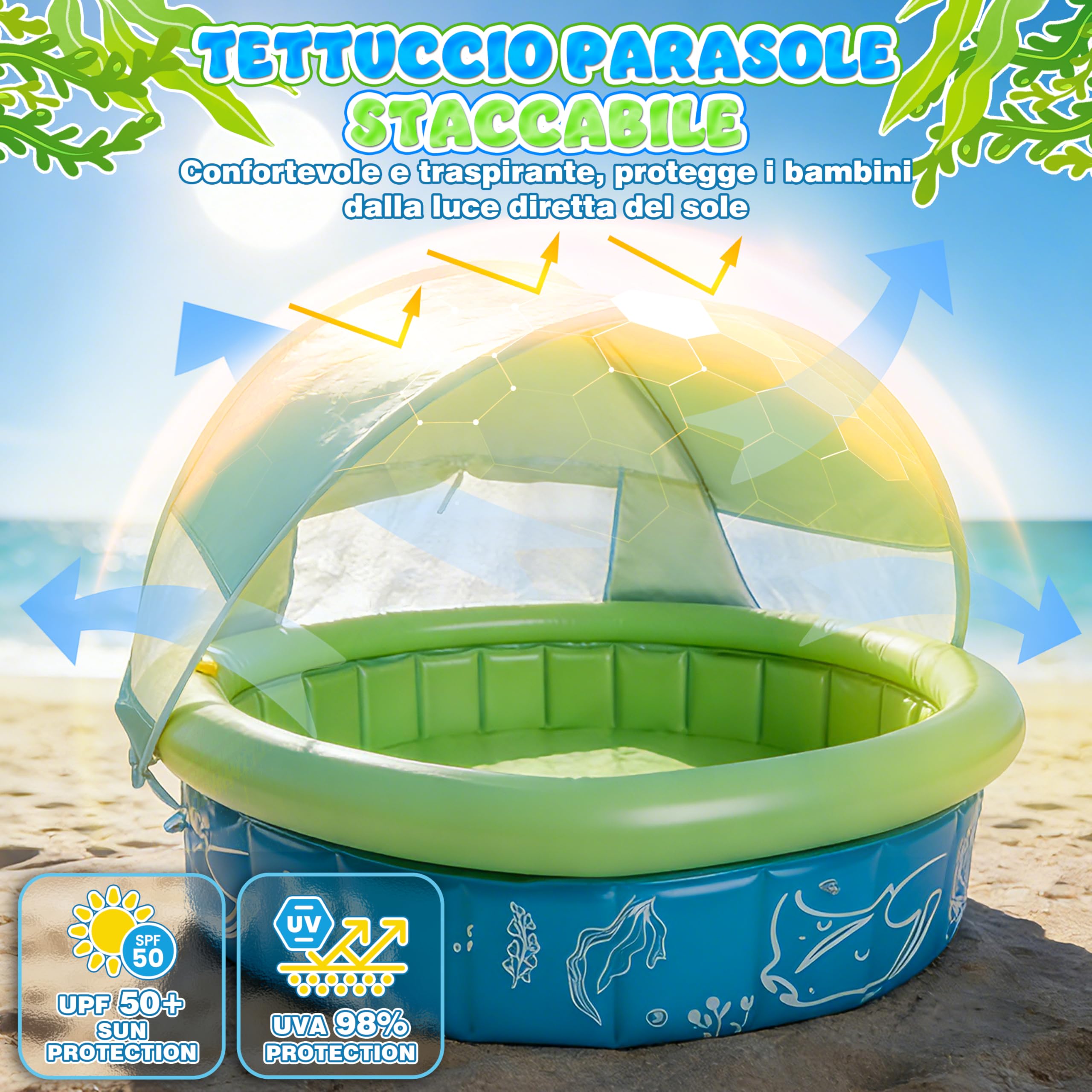 Piscina per Bambini Pop-Up 4-in-1, 100x30 cm Tenda da Spiaggia con Spruzzi d'Acqua, Piscinetta Neonato Spiaggia con Anti-UV SPF 50+, Tenda Portatile per Giardino, Spiaggia Picnic