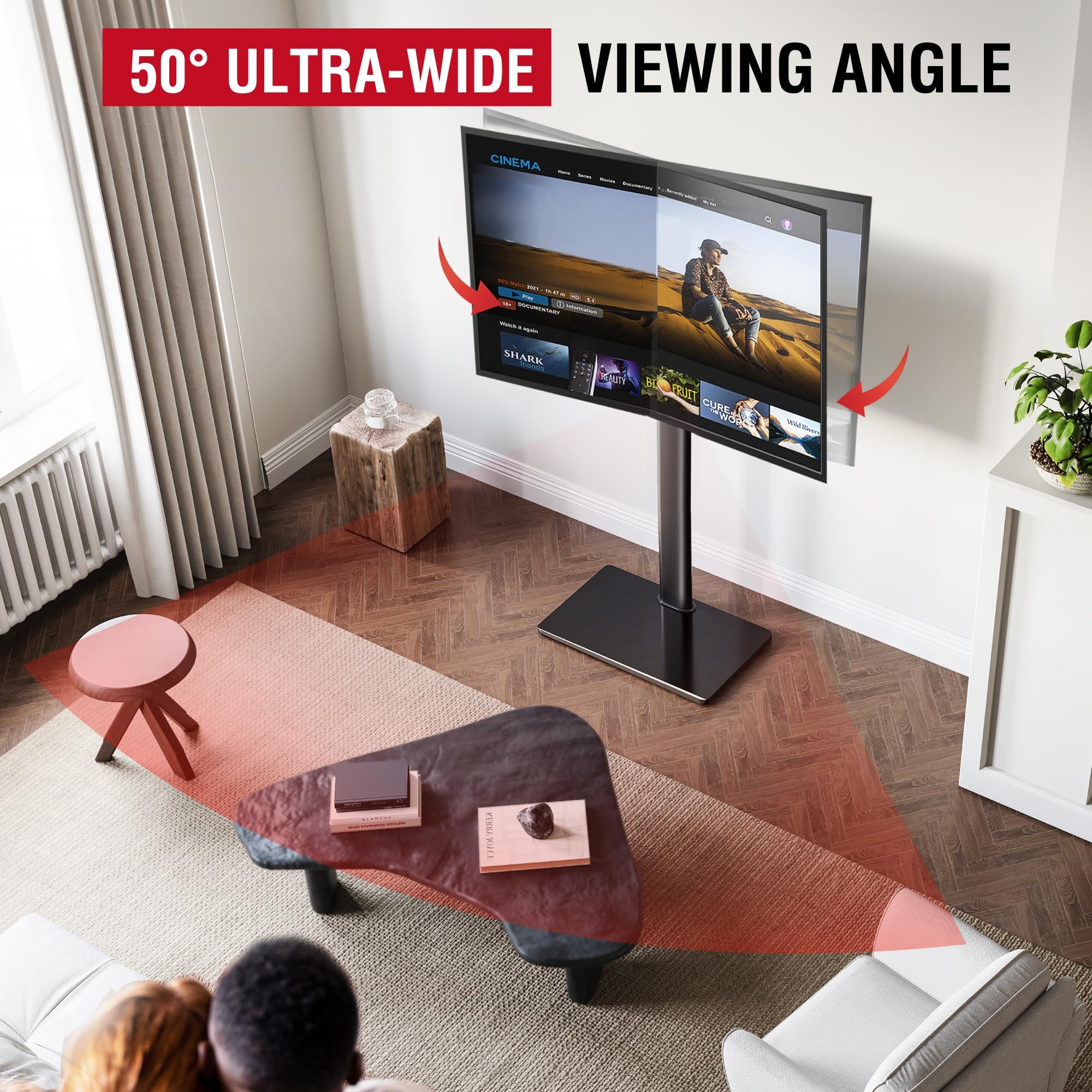 AOKCOS Stojak TV o wysokości do telewizorów 43-85 cali, odchylany, obrotowy, z regulacją wysokości, uniwersalny Max VESA 600x400 mm 50 kg