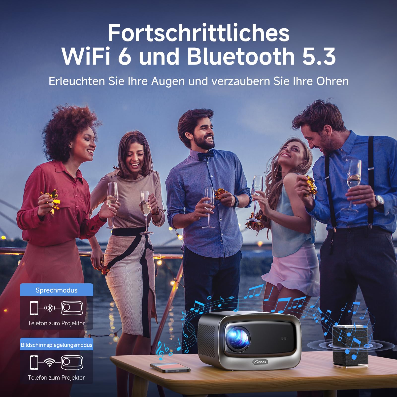 4K Smart Beamer mit Netflix & Dolby Audio, 1500 ANSI, Autofokus – iSinbox | Heimkino Projektor mit HDR10+, Staubgeschützt, 6D Keystone, WiFi 6 & Bluetooth | Für Wohnzimmer, Garten & Camping