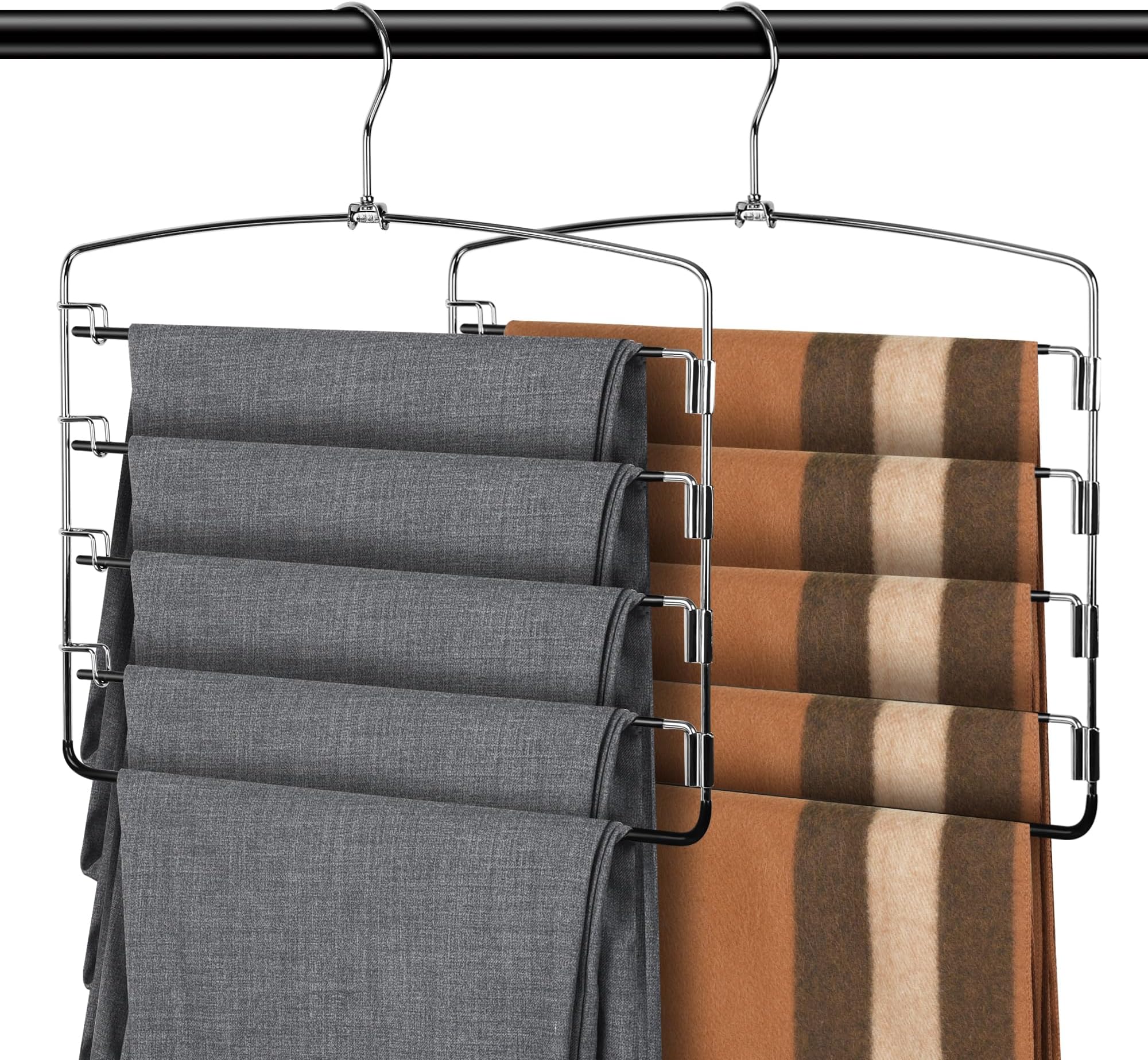 KLEVERISE 6 Pack Space Saving Multi-Tier Non-Slip Stainless Steel Pants Hangers for Jeans Trousers