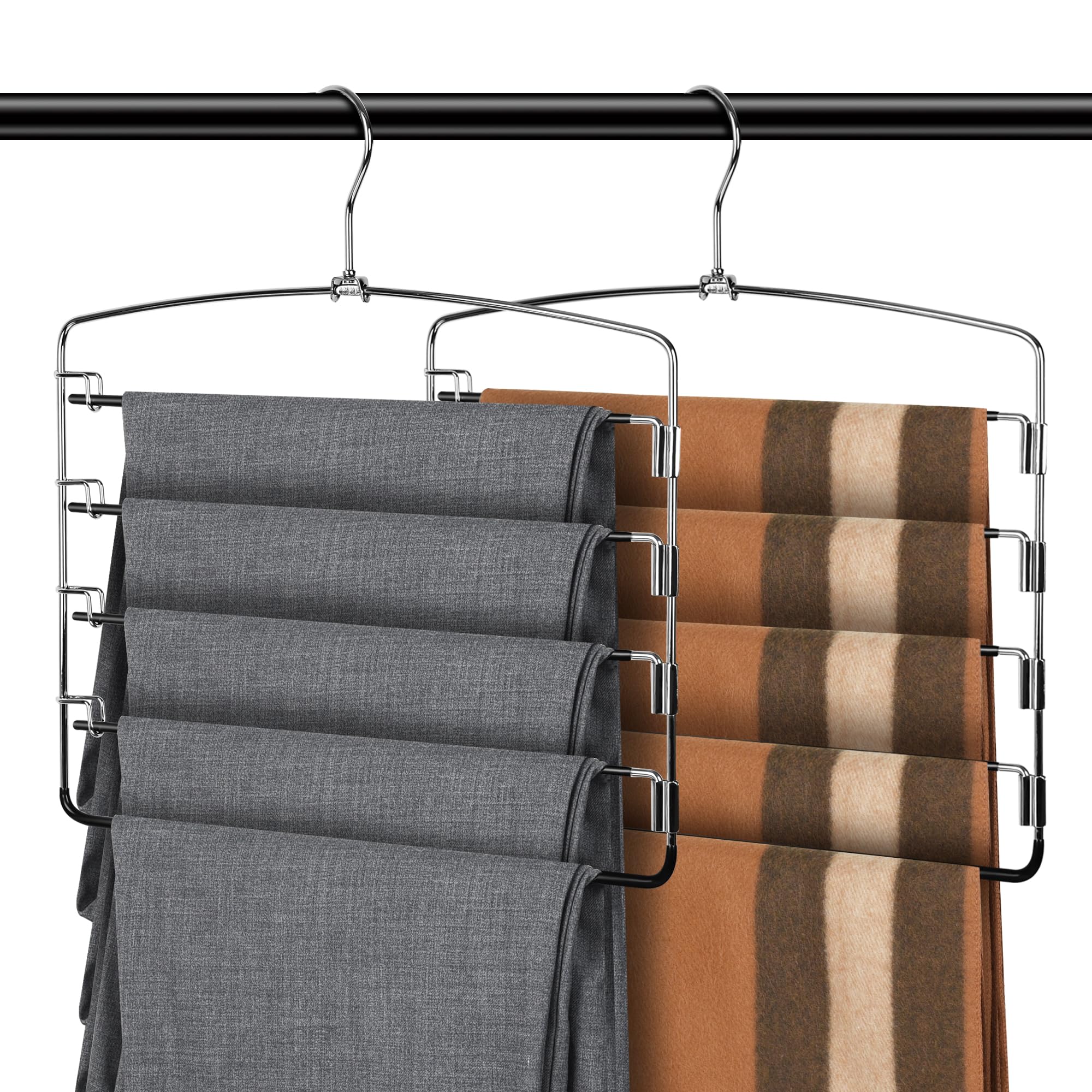 KLEVERISE Metal Magic Hangers - Swing Arm Dip Coating 5 Layers, Non-Slip, Stainless Steel Closet Storage Organizer for Pants Trousers Jeans Skirt Tie Scarf Bathing Suit (Silver & Black, 2 Pack)