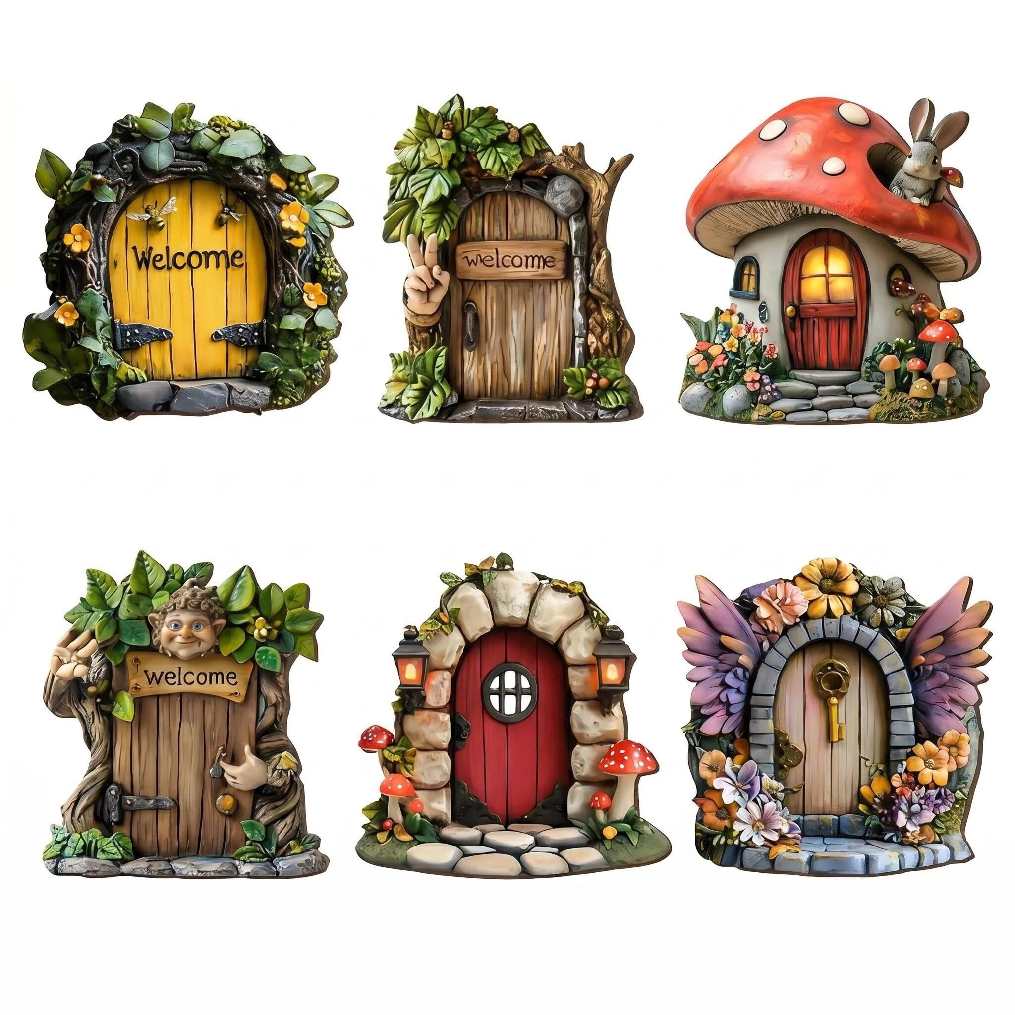 CavspkArt 6 Pack Wooden Forest Fairy Doors, Fairy Garden Accessories, 6 Different Fairies Doors for Garden Styles, Fairy Garden Ornaments Outdoor