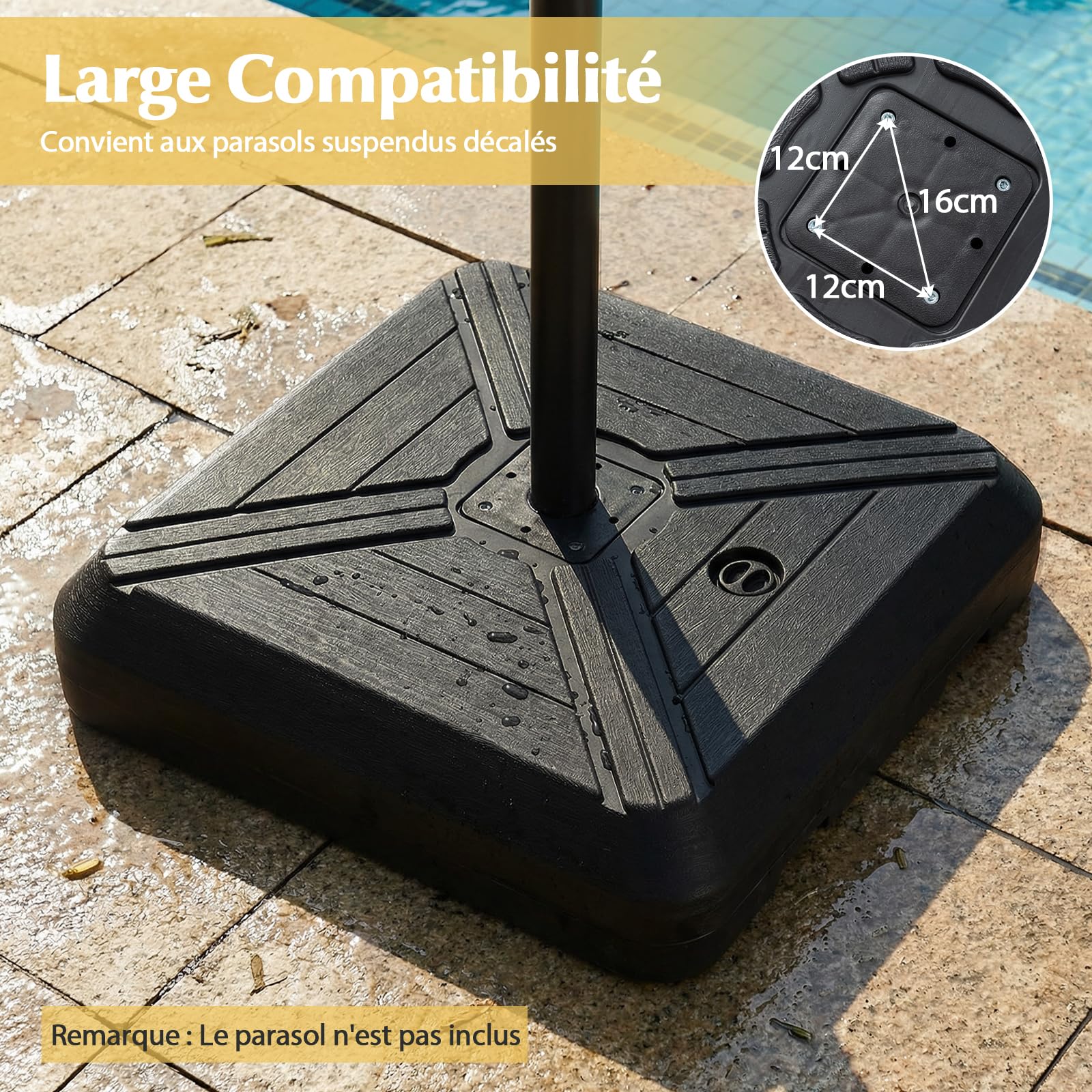 COSTWAY Pied de Parasol Déporté avec 2 roulettes, Support Parasol en HDPE, Rempli de 156 kg Sable&Eau/125 kg Sable/78 kg Eau, Barre Transversale, Base pour Jardin Piscine Terrasse, 81 x 81 x 19 cm