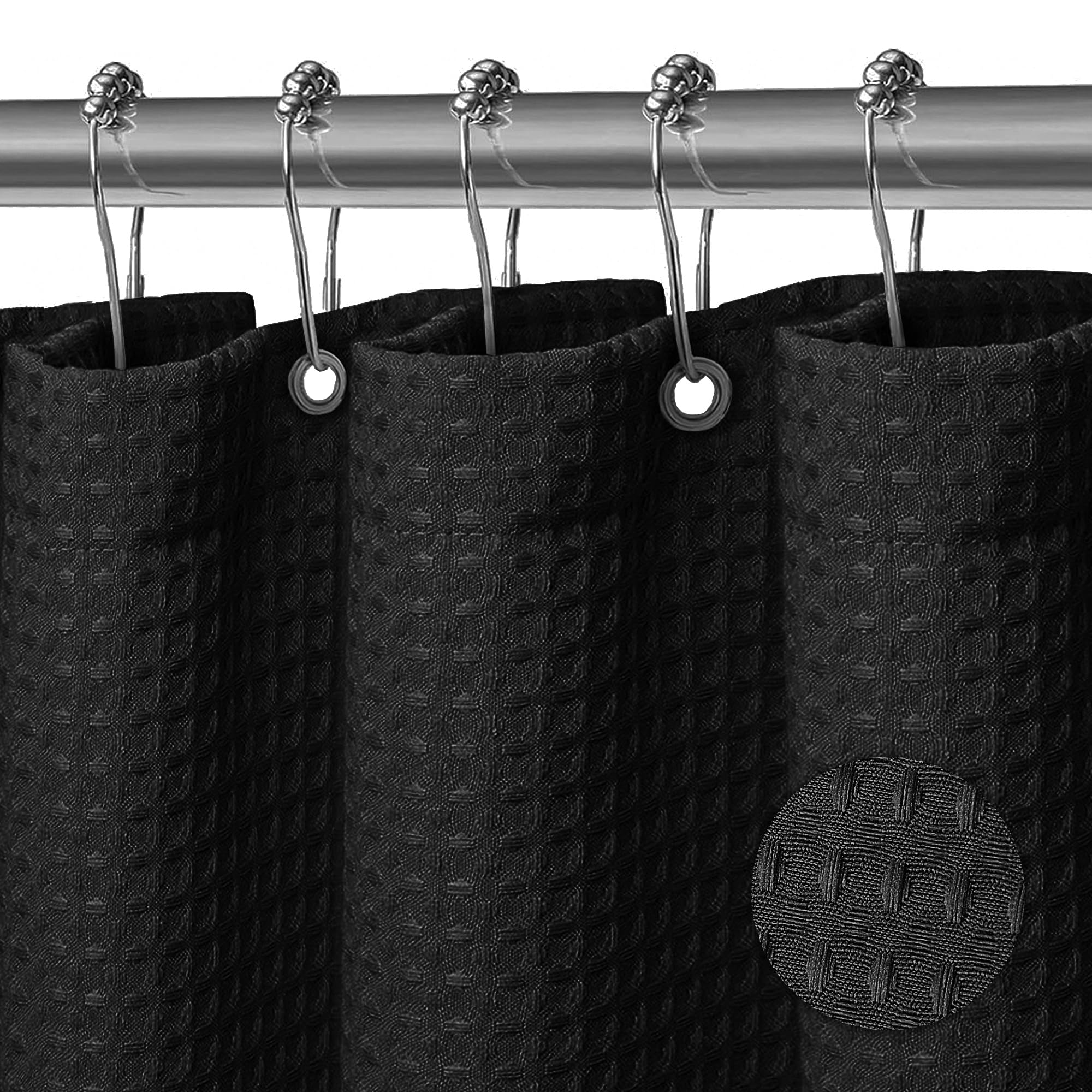 SWOYYU Cortina de Ducha Poliéster Cortina de Baño con 12 Ganchos Lavable a Máquina Impermeable para Bañera 180 x 200 cm Gofre Negro