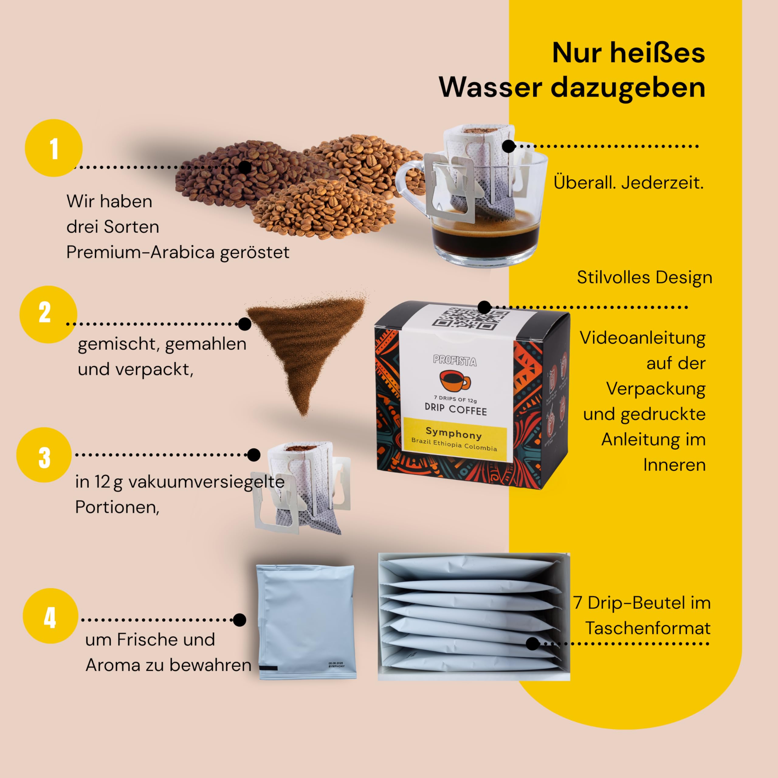 Premium Drip Coffee Tasting Set Symphony 7 + Ethiopia Bloopa 7 + Colombia Zyffoo 7 | 21 Drip Coffee Portionsbeutel | Arabica kaffee gemahlen geschenkset