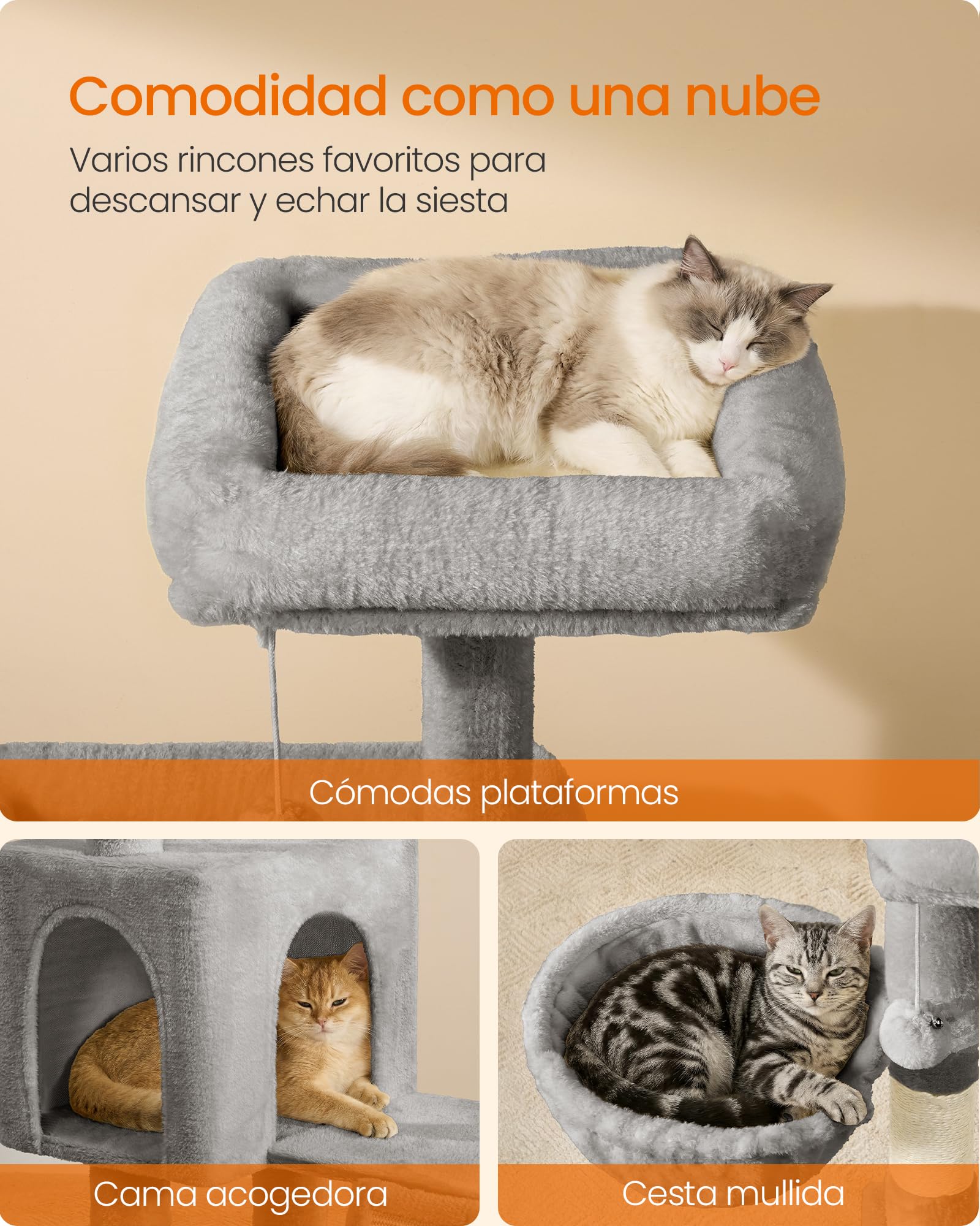 Feandrea Árbol para Gatos, Rascador de Gatos, Torre con Postes y Rampa Rascador, 3 Grandes Plataformas, 1 Cueva, 1 Hamaca, 2 Pompones, Altura 136 cm, Gris Paloma PCT012GD01
