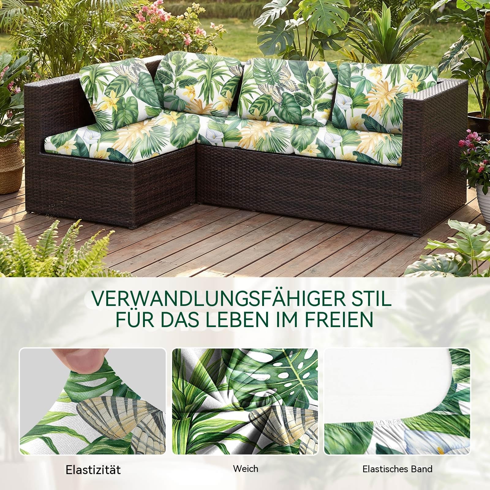 LiveGo Stretch-Sofa-Kissenbezug, Ersatz-Kissenbezug für Terrassenmöbel, Couch-Schonbezüge, Stuhl-Sitzbezug, weicher Flexibilitätsschutz (8, grüne Blätter)