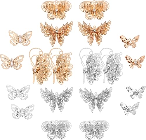 SUNNYCLUE 1 caja, 20 dijes de mariposa 3D con diamantes de imitación de mariposa 3D con diamantes de imitación, colgantes de mariposa hueca, dijes