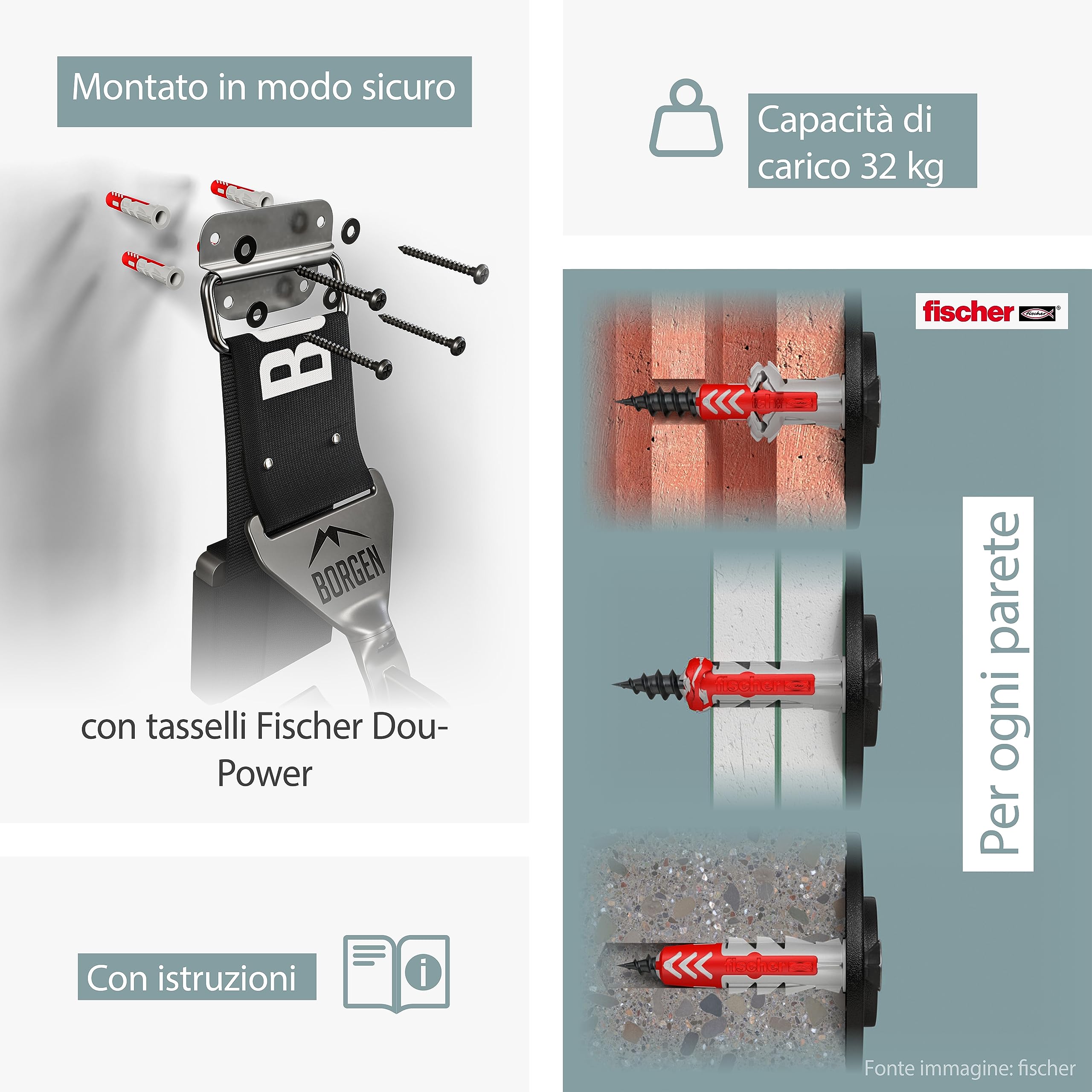 Borgen portabici da muro - portabici regolabile da muro - compatibile con e-bike, bici da corsa, MTB, bici da strada - gancio gommato antigraffio