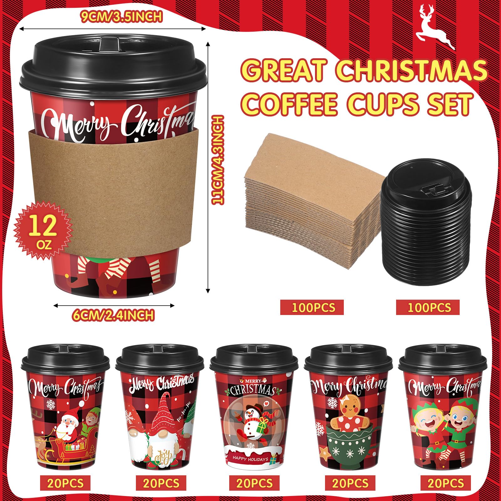 Layhit Set di 100 bicchieri da caffè natalizi in carta con coperchio, 350 ml, usa e getta, motivo albero di Natale, bicchieri per cioccolata calda, per Natale, inverno, vacanze, bicchieri per bevande