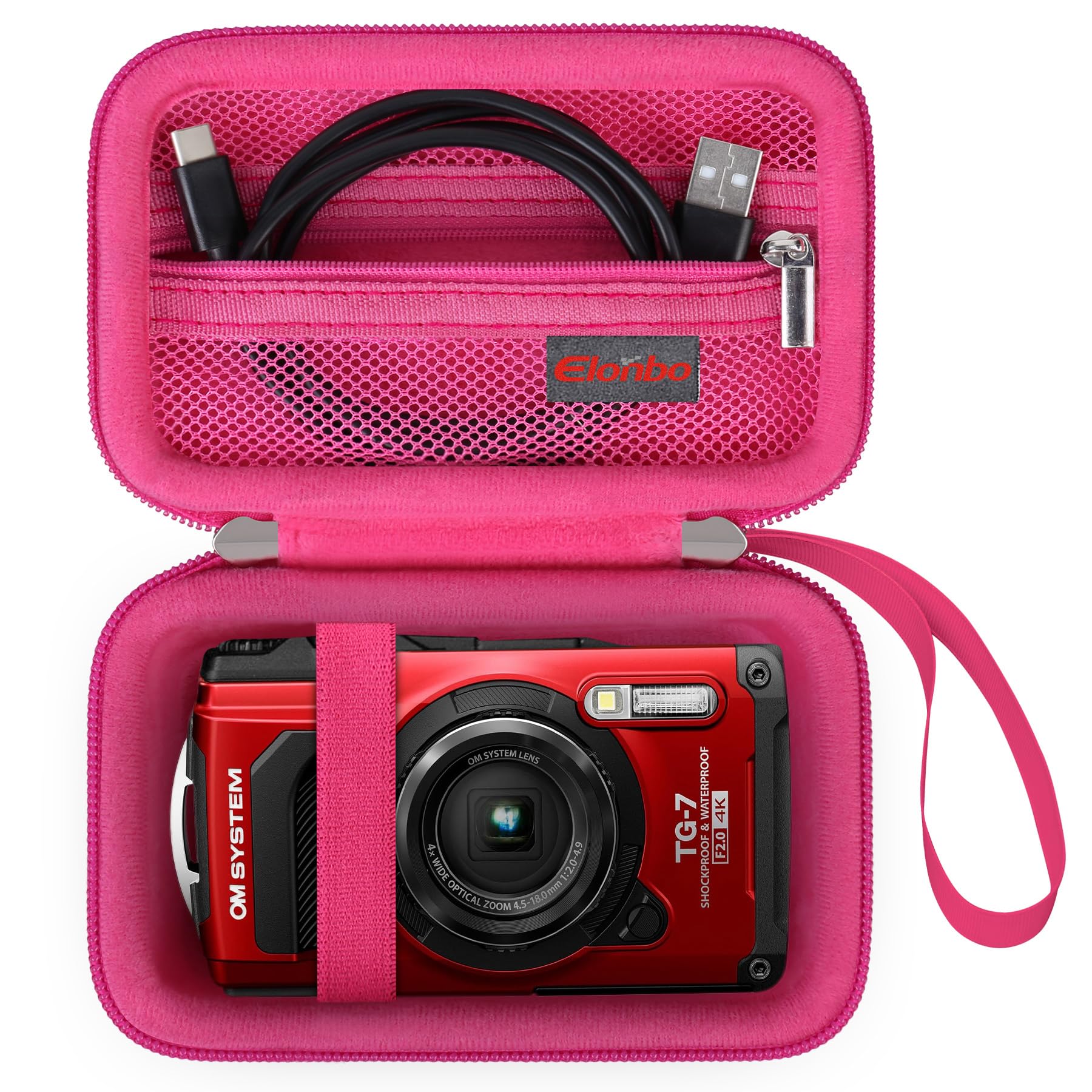 Elonbo Carrying Case for OM SYSTEM Tough TG-7 / OLYMPUS Tough TG-6 Underwater Camera, Waterproof 4K Video Digital Camera Hard Travel Bag, Mesh Pocket