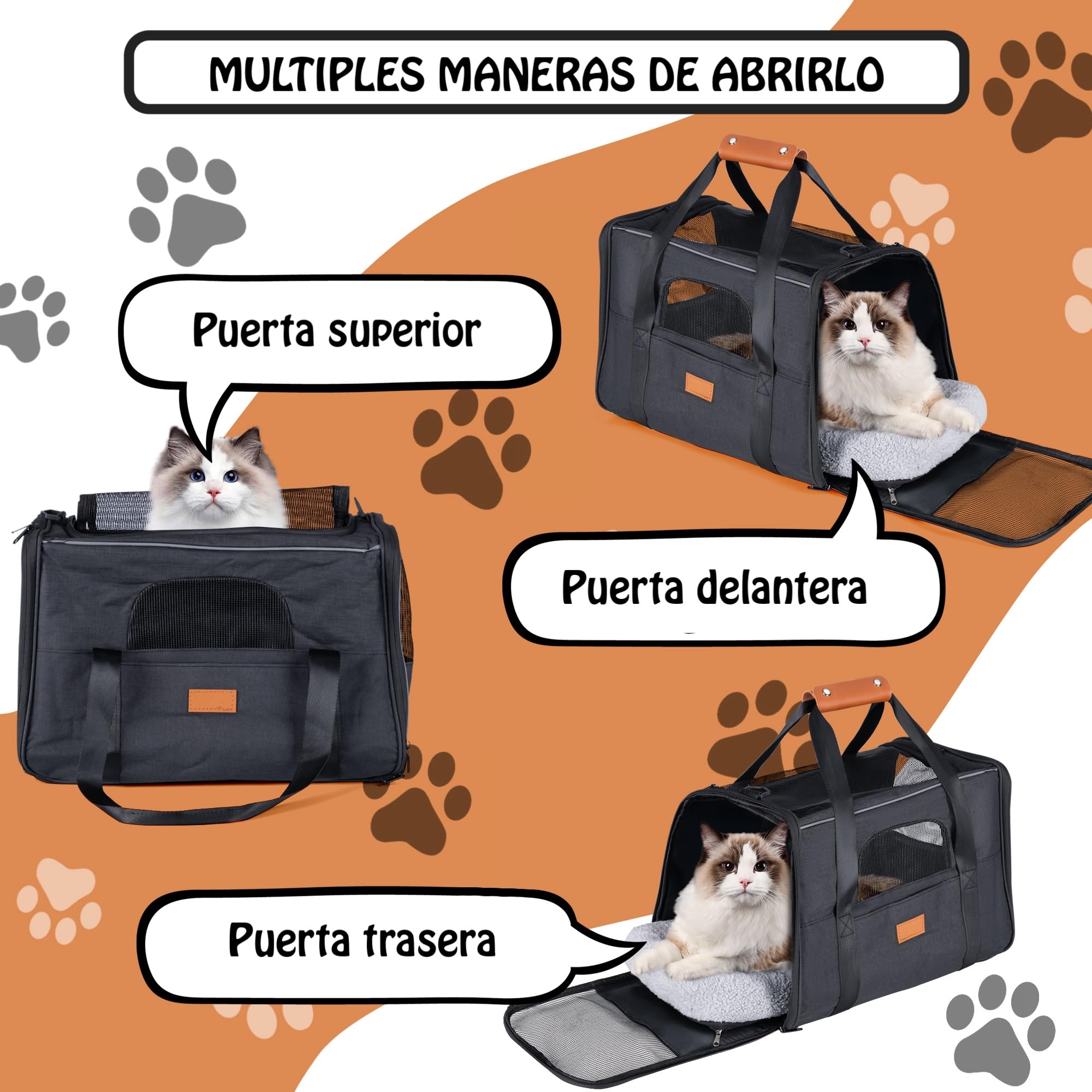 Transportin Perros y Gatos. Bolsa de Transporte Viaje Transpirable Mascotas. Bolso con colchón. Tres Puertas. Medidas 12x44x24cm. Aprobado por Las aerolíneas. Paseos, avión, Coche, Tren, Ciudad.