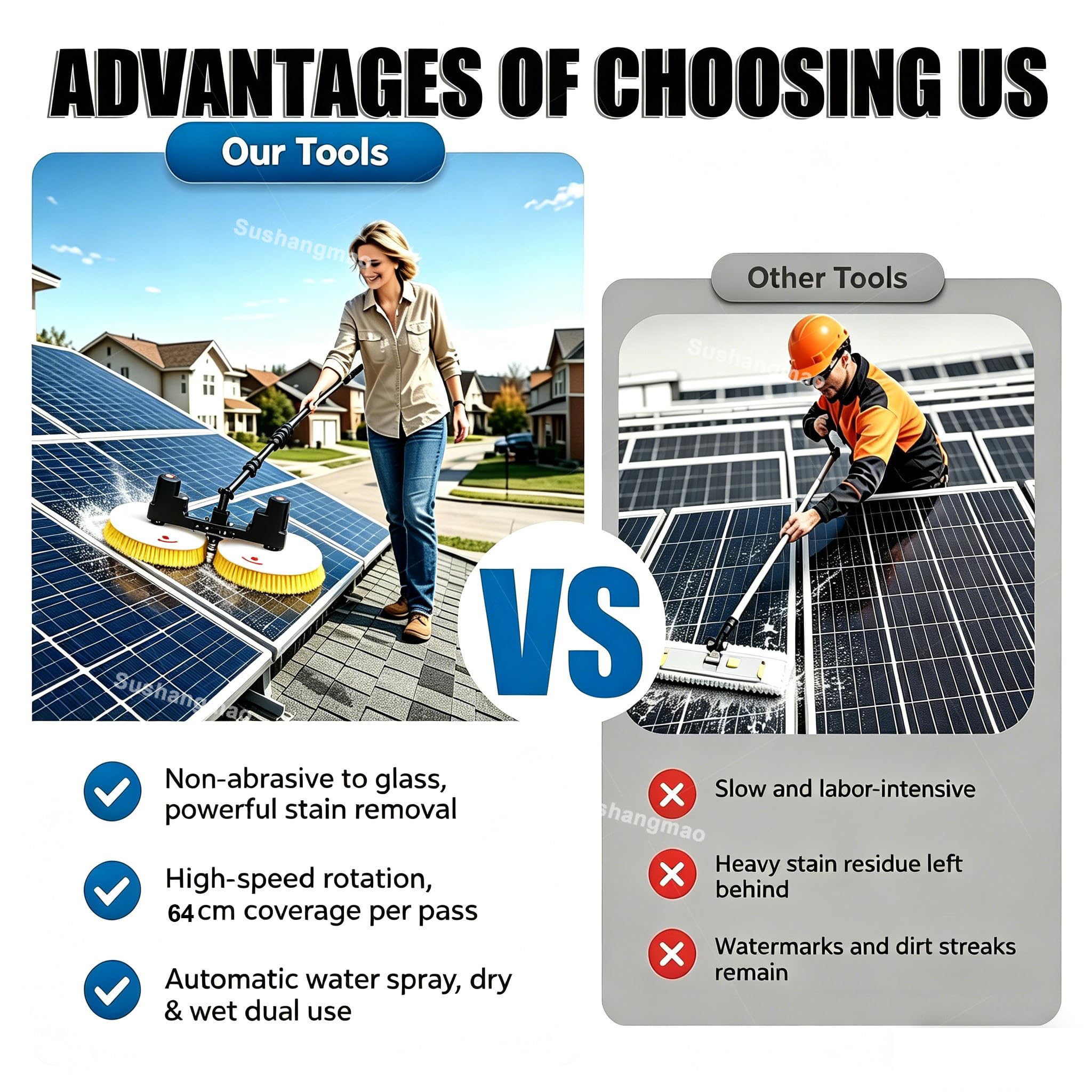 Kit de poste de alimentación de agua – Cepillo de limpieza de panel solar, 300 W de doble disco de 64 cm, ajustable de 5,5 m/7,5 m para limpiar paneles, ventanas, caravanas, carteles