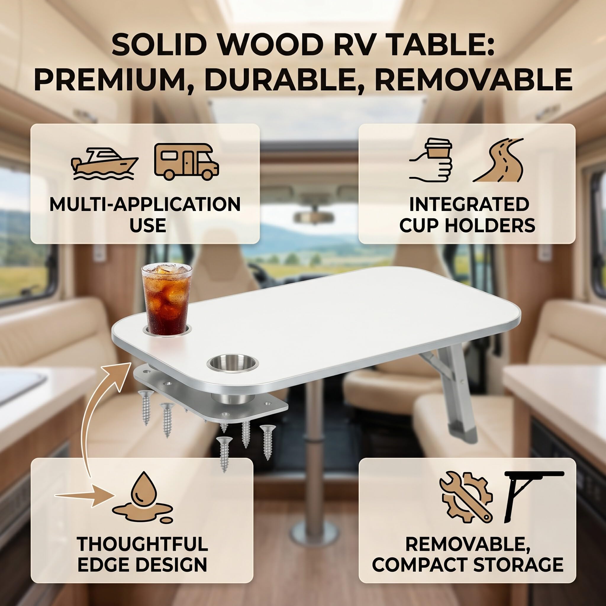 Cocoarm Abnehmbarer Rechteckiger Wohnmobil-Tisch, Marine-Tischplatte aus Massivem Holz, 400 X 800 Mm, mit 2 Getränkehaltern, wasserdichte Oberfläche, Schraubbefestigung für Wohnmo (Beige)