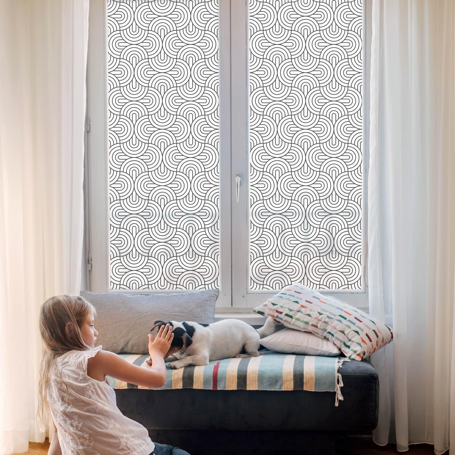Dekorfolie für Fenster 200x146cm - Innenfenster Deko Fensteroptik Upgrade Selbstklebend Dekoratives Fenstersticker Buntglas-Effekt Lichtdurchlässig Mattierung - Geometrische Halbkreise
