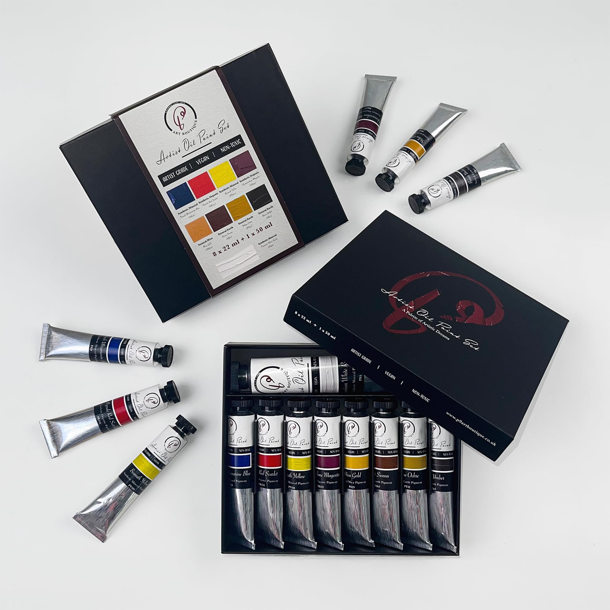 Non-Toxic, Vegan & Fast-Drying Artist Oil Paint Set (1x50ml + 8x22ml) – High Pigment Load with Natural Calcium Drier & Pure Flaxseed Oil – Complete Essential Colours for Landscape, Portrait & More