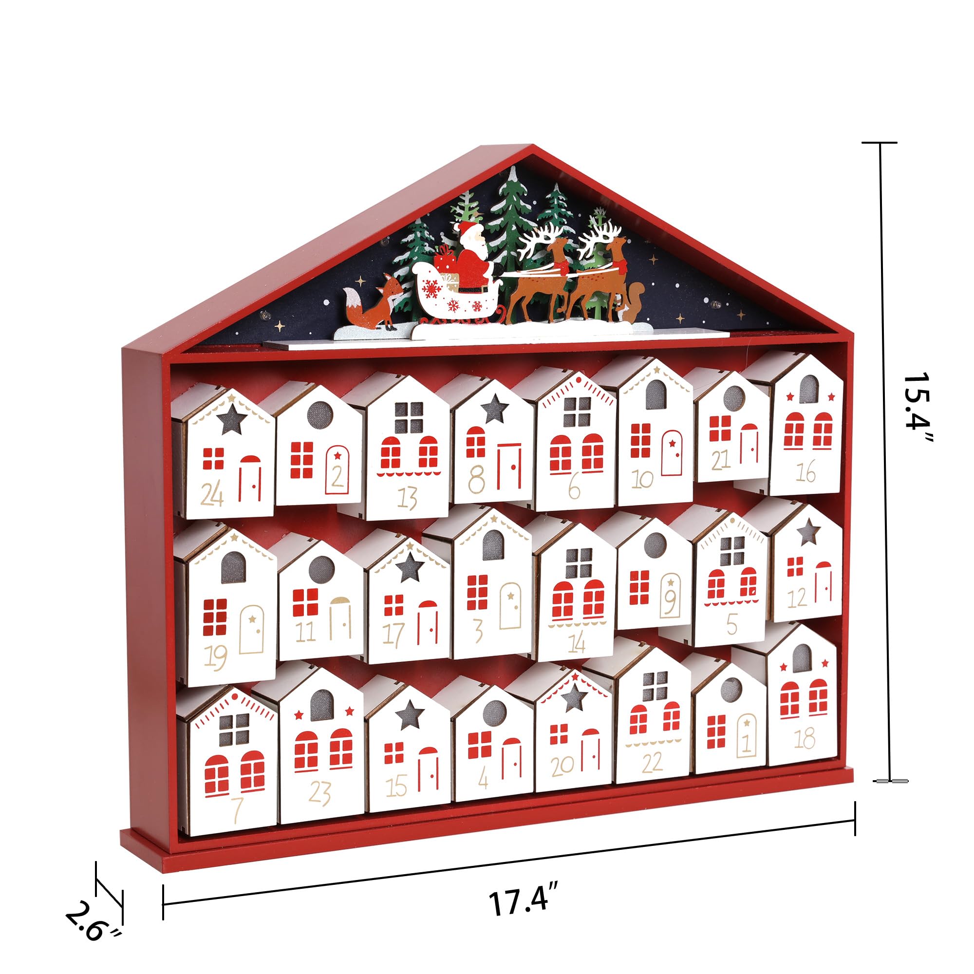 Adventskalender 2024 aus Holz mit LED-Lichtern, Weihnachts-Countdown-Kalender, Schubladen in Hausform für Kinder und Erwachsene, wiederverwendbare Urlaubsdekoration,