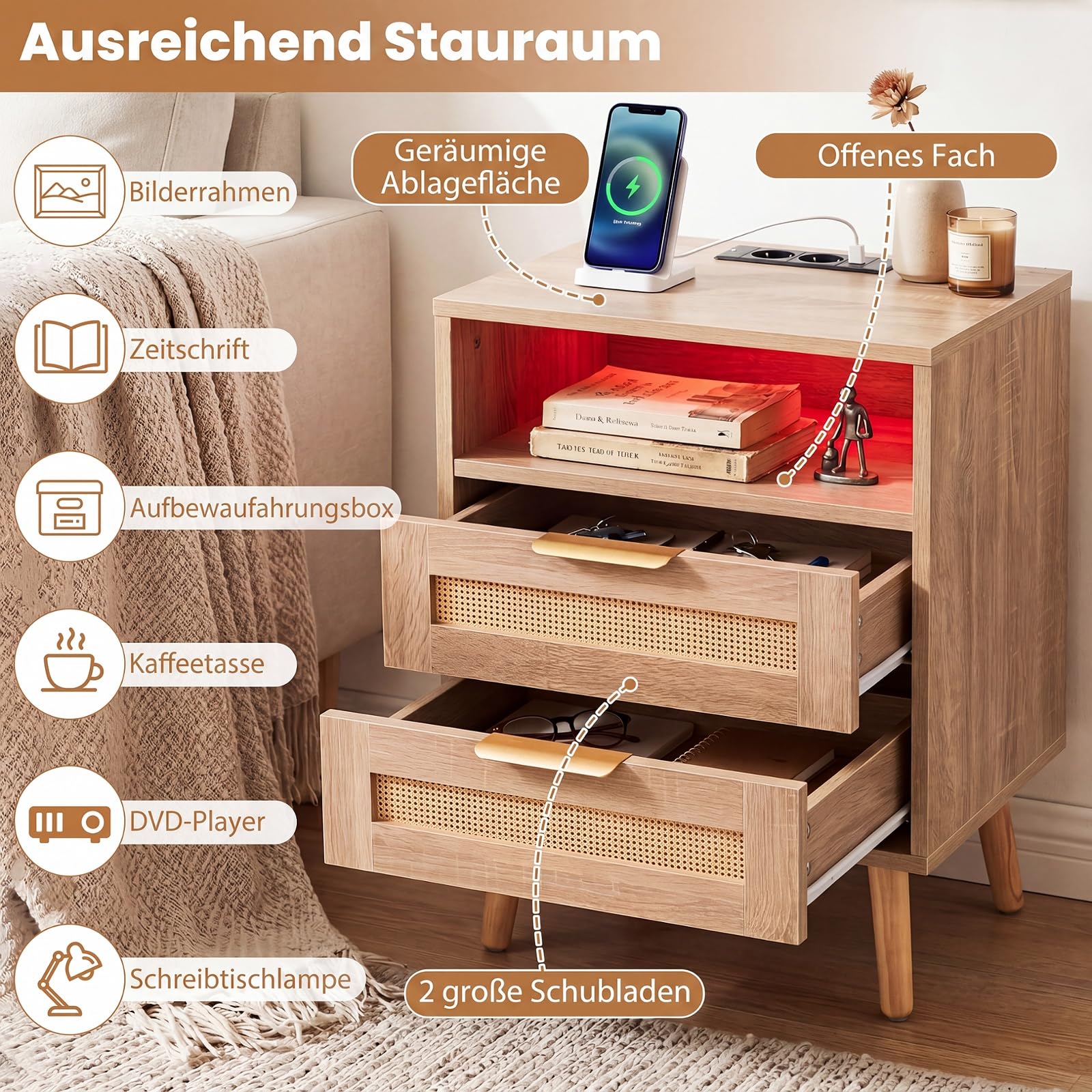 COSTWAY 2er Set Nachttisch mit Ladestation & LED-Leuchten, Holz Nachtkommode mit 2 Schubladen, Beistelltisch mit Rattan-Optik, Nachtschrank mit Fernbedienung, für Schlafzimmer， Wohnzimmer, Natur