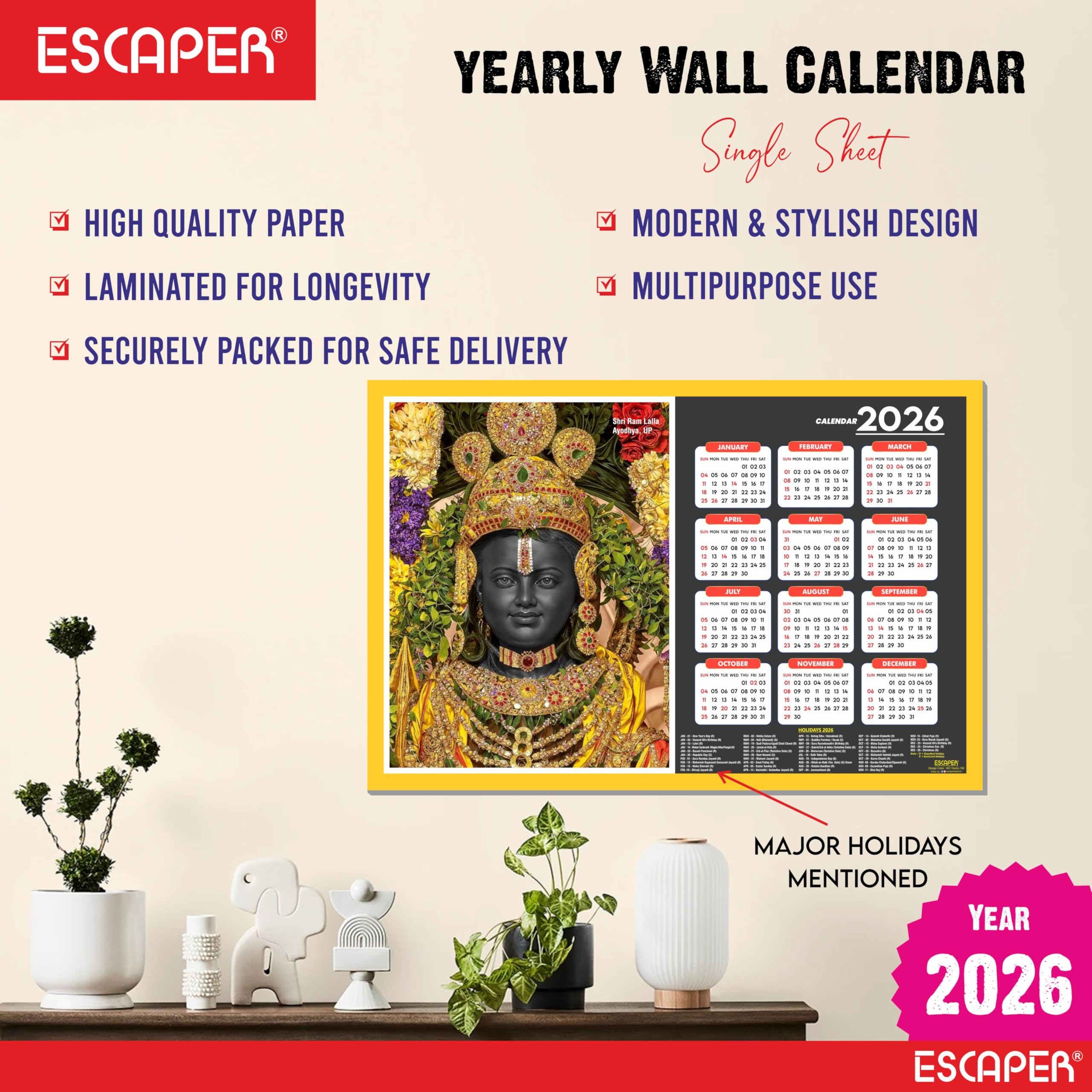 ESCAPER Calendario de pared Shri Ram Lalla 2026 – 45 x 30 cm, templo Shri Ram Lalla y fotos, calendario de pared religioso del dios hindú para el hogar, la oficina y la habitación Pooja