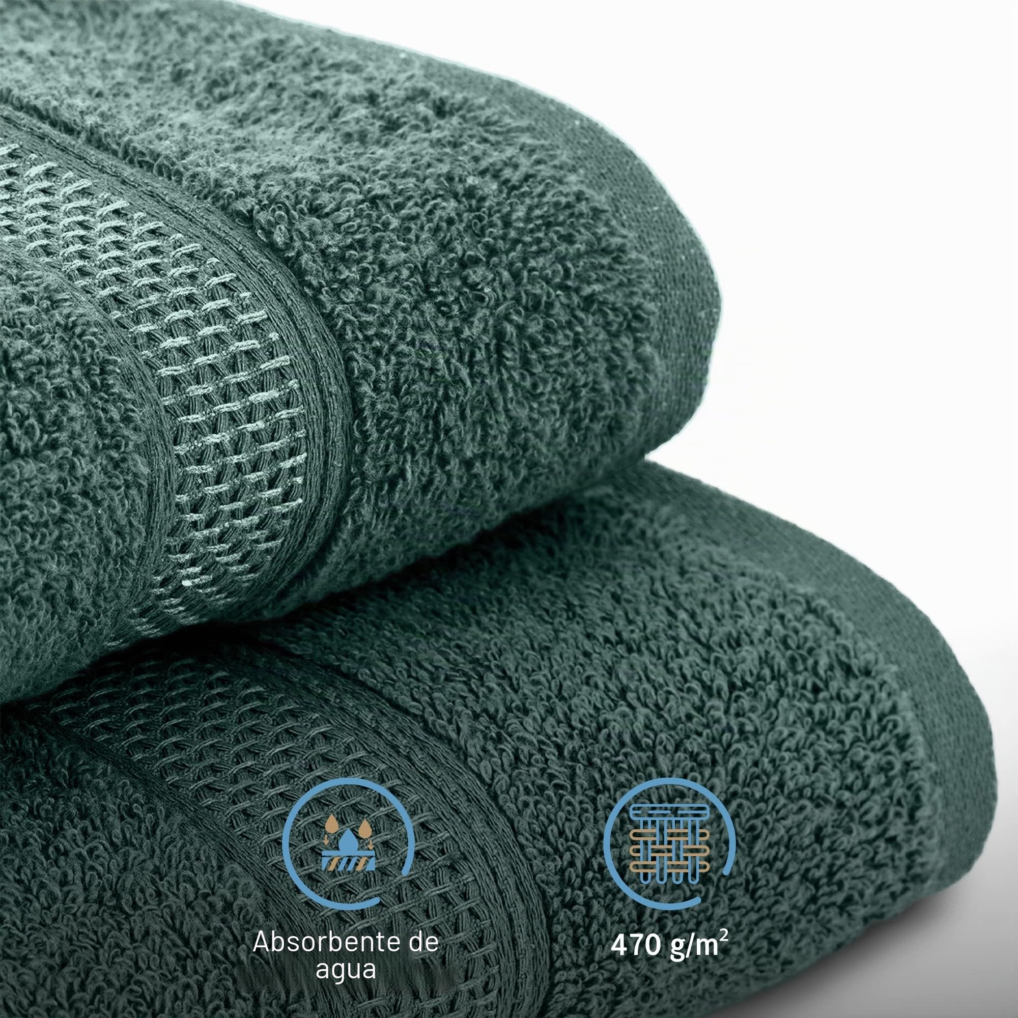 Komfortec Juego de 8 Toallas de Mano de 100% algodón, 4 Toallas de baño de 70 x 140 cm y 4 Toallas de 50 x 100 cm, de Rizo, Suave, Toalla Grande, Verde Oscuro