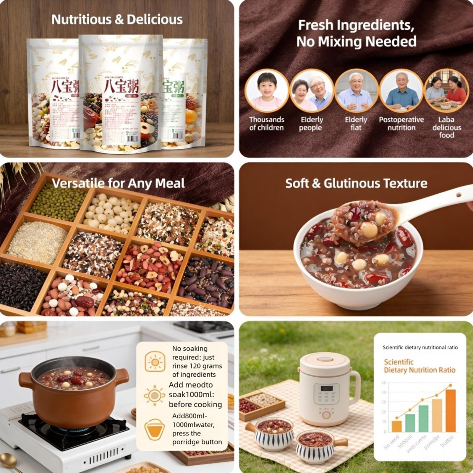 3 Bolsas De 500 G De Mezcla De Gachas Eight Treasure, Cereales Integrales De Fácil Cocción, Sellado Al Vacío, Desayuno Y Merienda