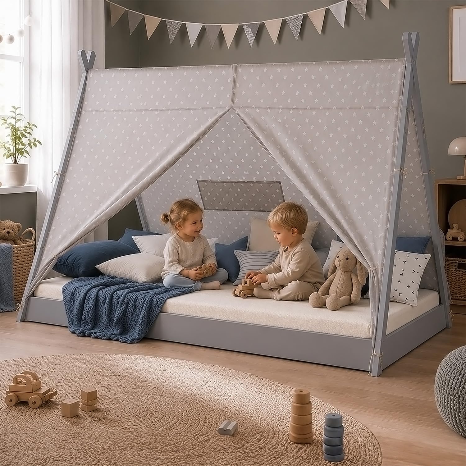 Homestyle4u Kinderbett 90x200 Tipi Zeltbett Kiefer Grau Weiß | Bodentiefes Schlafen, Sternenmuster Stoff aus Baumwolle, inkl. Lattenrost, für Jungen & Mädchen