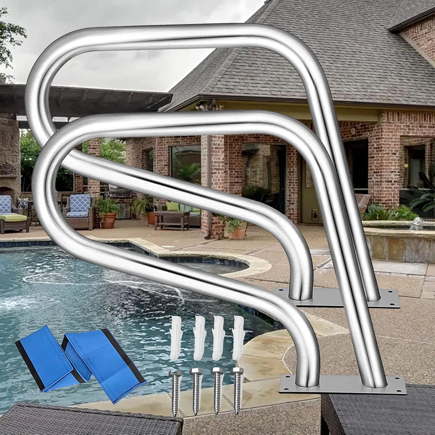 Pool Rail Swimming Handrail Safety Railing, 304 Stainless Steel Handrails with Grip Cover & M8 Drill Bit Easy Mount Hand for Inground Entry
