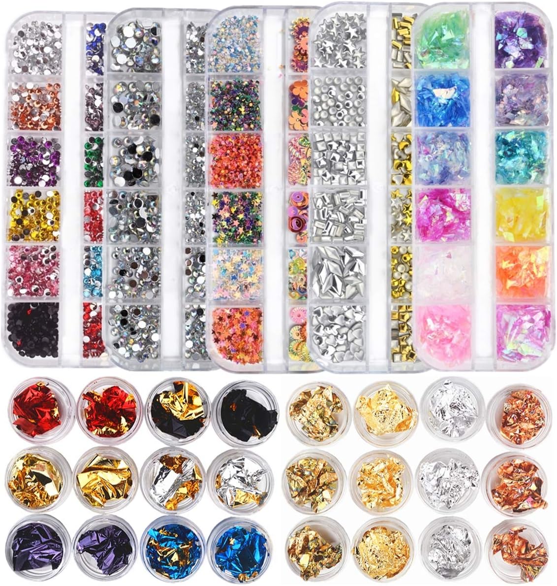 editTime Nail Art Rhinestones & Stickers Kit - Clear AB Nail Diamond Crystal Colour Flat back Rhinestones Metal Nail Rivets Studs Ice Mylar Shell Foil Chip Nail Stone Studs Gems(Mixed)
