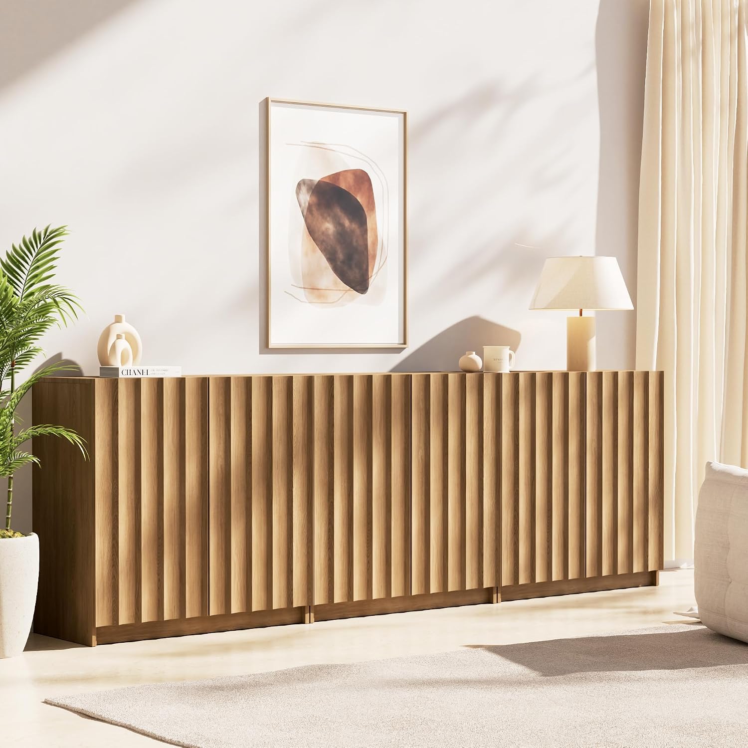 Modern Buffet Cabinet with Storage, 94.5" Wide Fluted Arched Sideboard Cabinet with Adjustable Shelves, Wooden Modular Coffee Bar for Dining Room, Kitchen, Living Room, Entryway, Natural