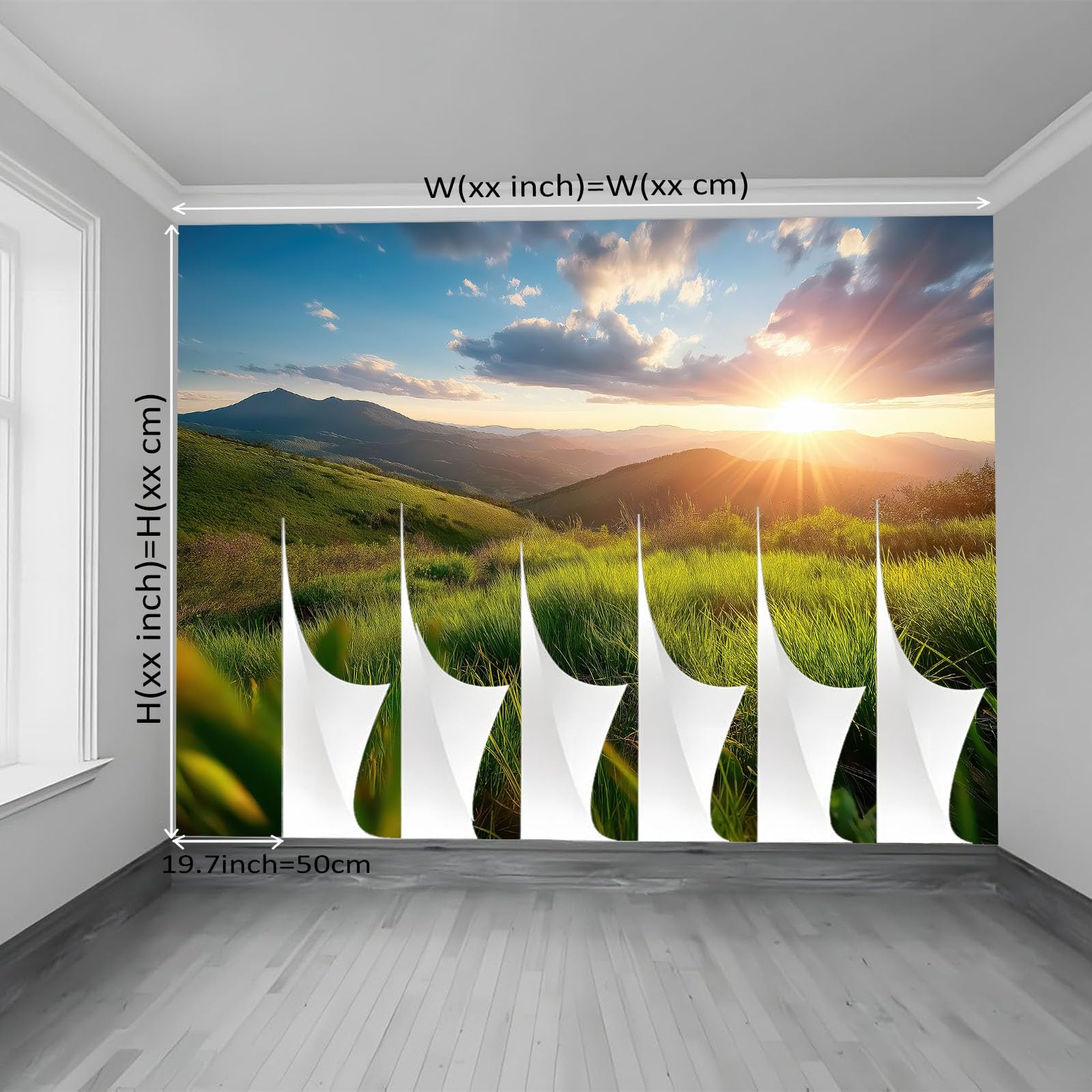 Krajobraz góry fototapeta tapeta, rustykalny kraj szmaragdowa zielona łąka design, zielony pomarańczowy motyw fototapety, 138in x 101in / 350 x 256 cm (szer. x wys.), dekoracyjny mural ścienny do