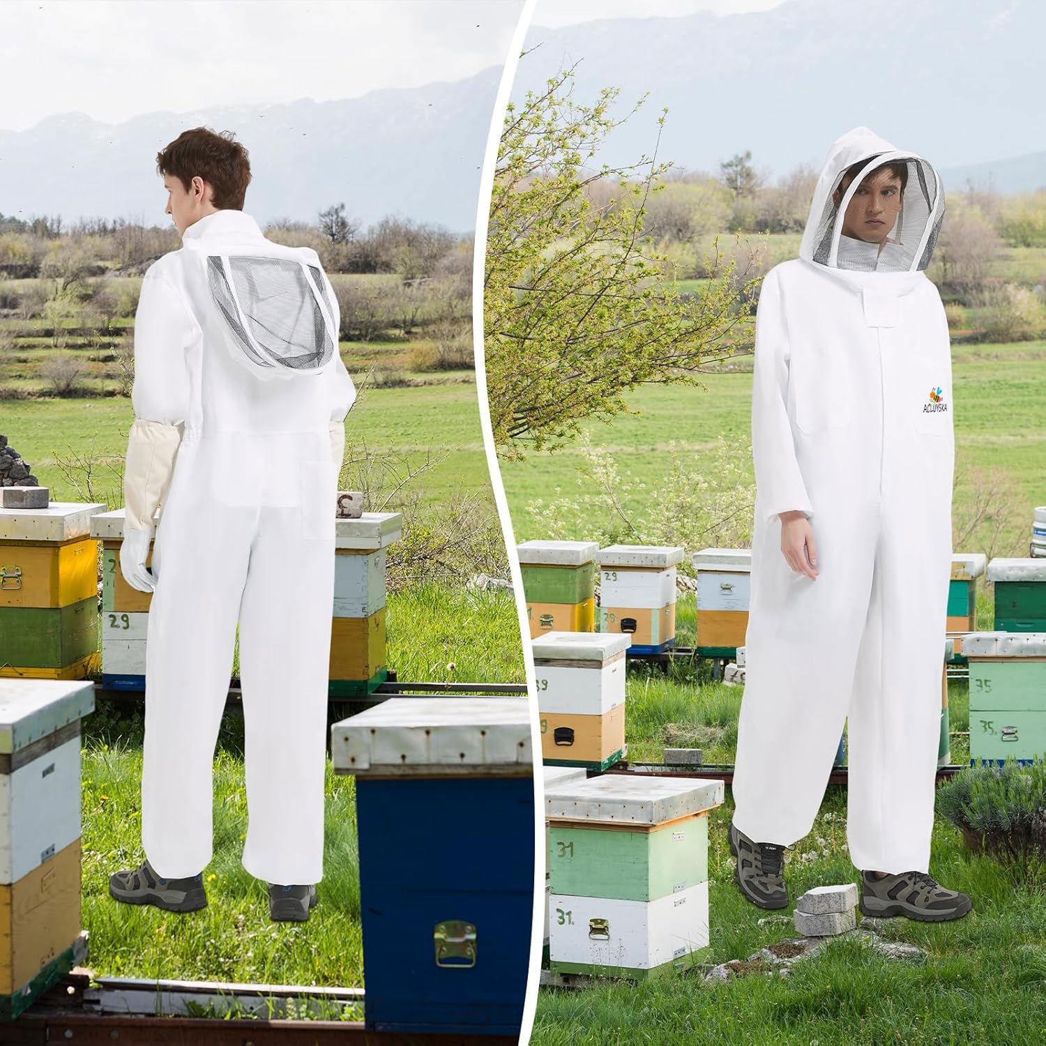 Bienenanzug für Männer und Frauen, stichfest, Imkeranzug aus Polycotton, Imkerkostüm mit Handschuhen und belüfteter Kapuze, Bienen-Outfit für den Garten und Imkereibedarf(L)