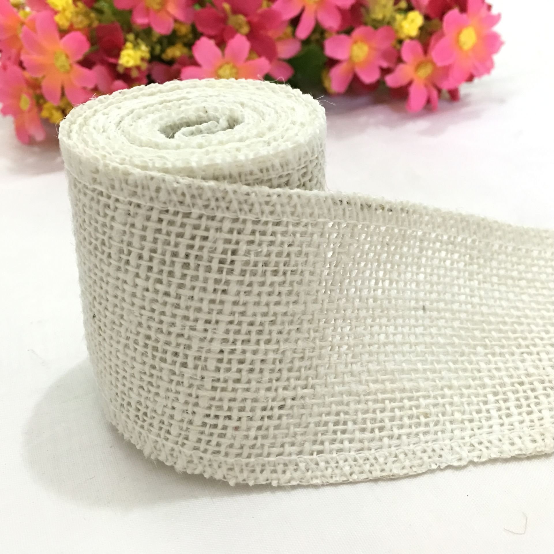 Ozxchixu White 2 Meters Width 6Cm Colorful Natural Jute Burlap Ribbon Jute Fabric Roll Hessian Ribbon Trims Tape Rustic (White)