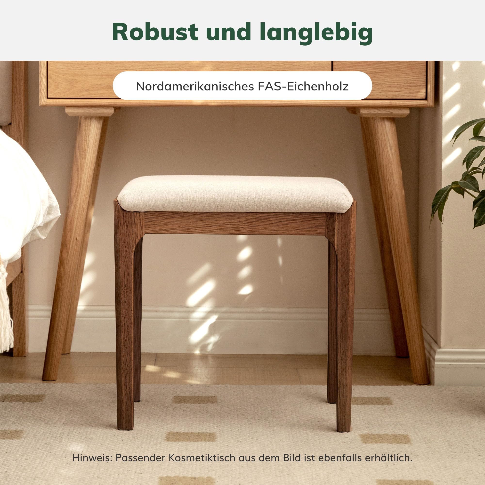 YESWOOD Schminktisch Stuhl, Stabiler Holzhocker Massivholz, Polsterhocker mit Leinenoptik, Schminktisch Hocker 42x30x42 cm, Make-up Hocker für Schlafzimmer, Eiche in Walnussfarbe
