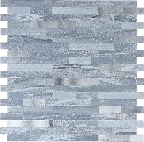 Midcard 10 Hojas de Azulejos de Pared PVC para Salpicaduras, de Pelar y Pegar, para Salpicaduras de Cocina Azul Oscuro + Plata Metálica
