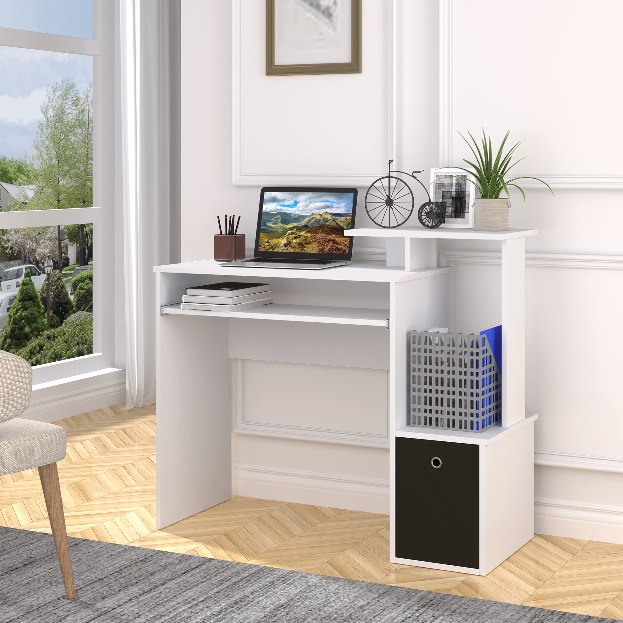 HOMCOM Scrivania Moderna Porta PC con Ripiano 100x40x86.6cm Bianco e Nero | Scrivania per Computer, Mensola Porta Tastiera, Cassetto in Tessuto