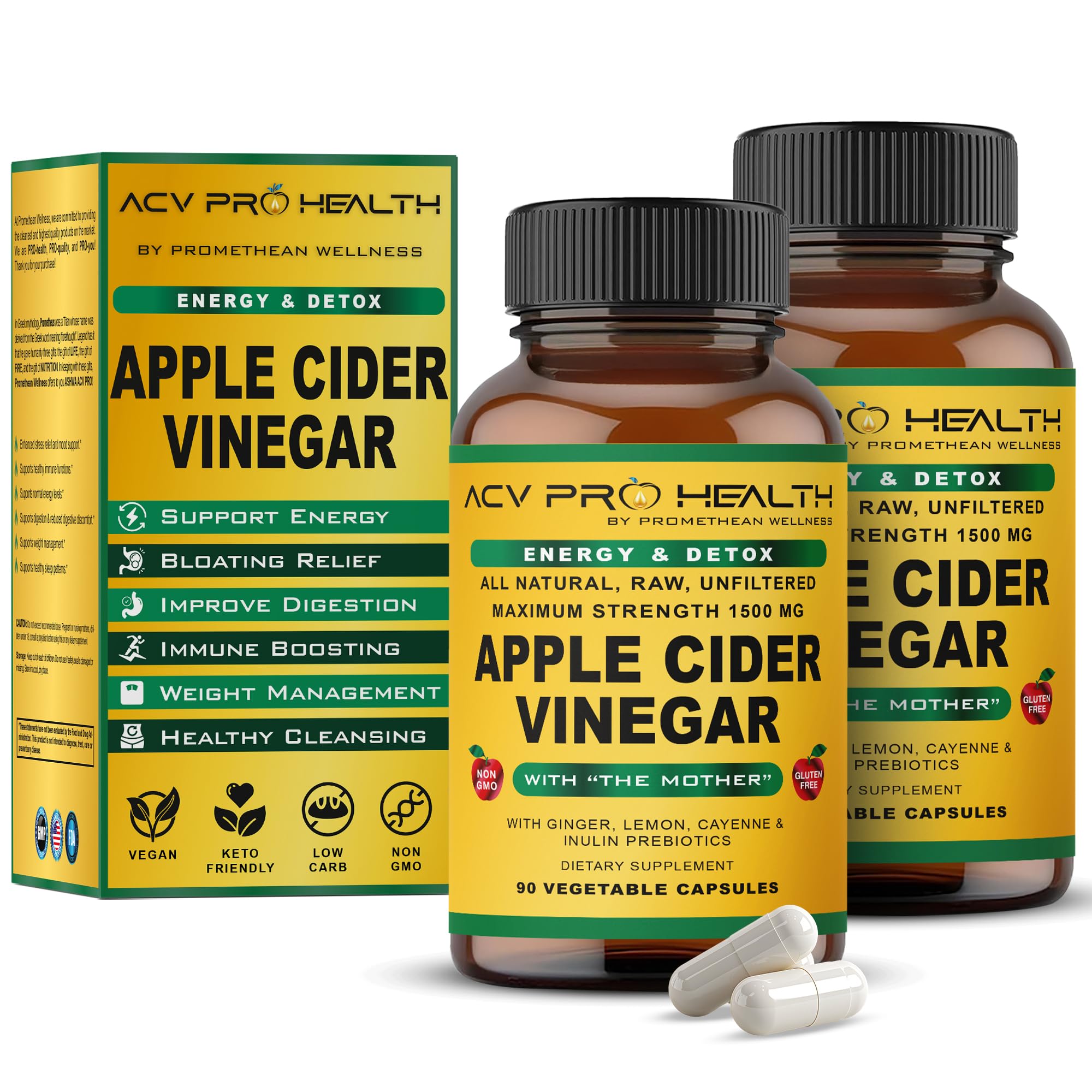 Promethean Wellness 2-Pack (90 Count) ACV Pro Apple Cider Vinegar Capsules Certified Organic with Mother ACV Pills Detox Cleanse Acid Reflux Relief Support Supplement Ginger Root Cayenne Pepper Powder