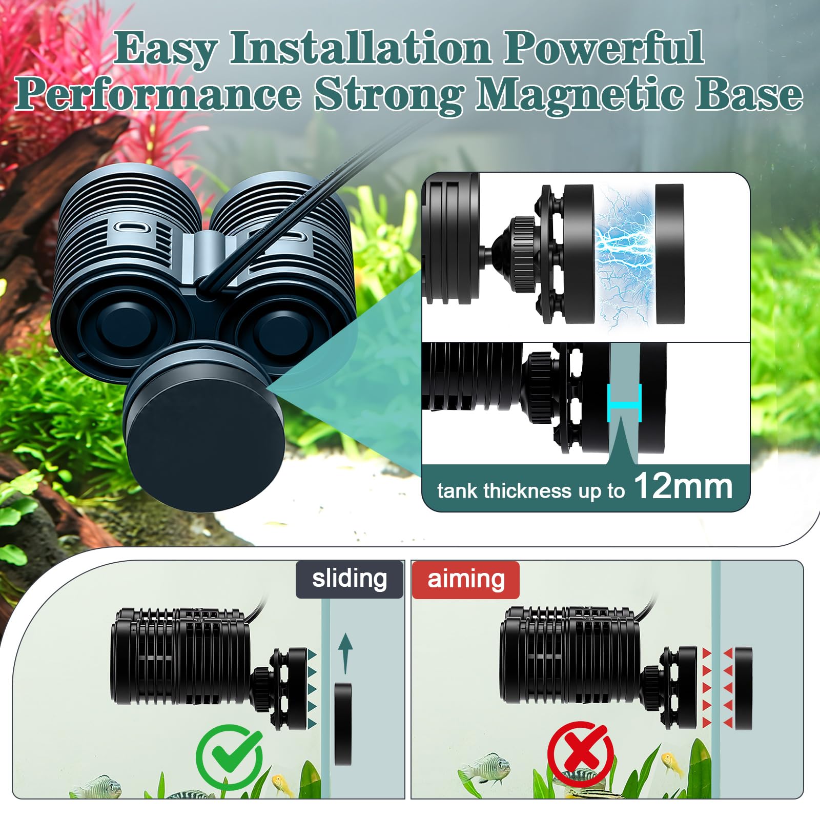 hygger 8000LPH Double Head Bomba de Flujo para Acuario, 14W Bomba de Circulación con Base de Succión Magnética Potente, 360 ​​Grados Cabezal Wave Maker para Acuarios de 227-568L Agua