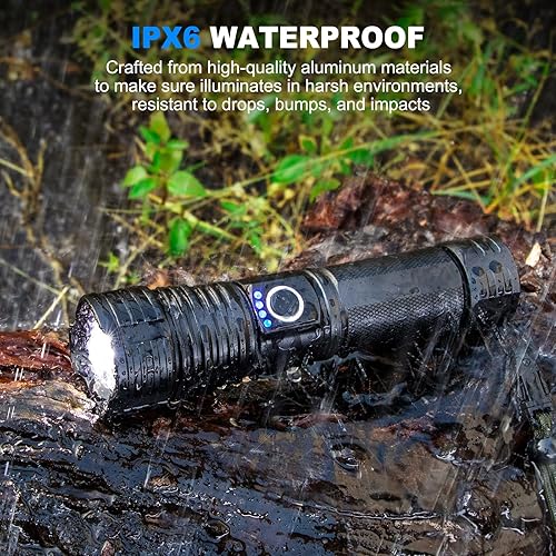 Miniatura 7 de Linternas recargables de alto lúmenes, paquete de 2 99000 lúmenes linterna LED súper brillante con 5 modos e impermeable, carga rápida USB, luz de