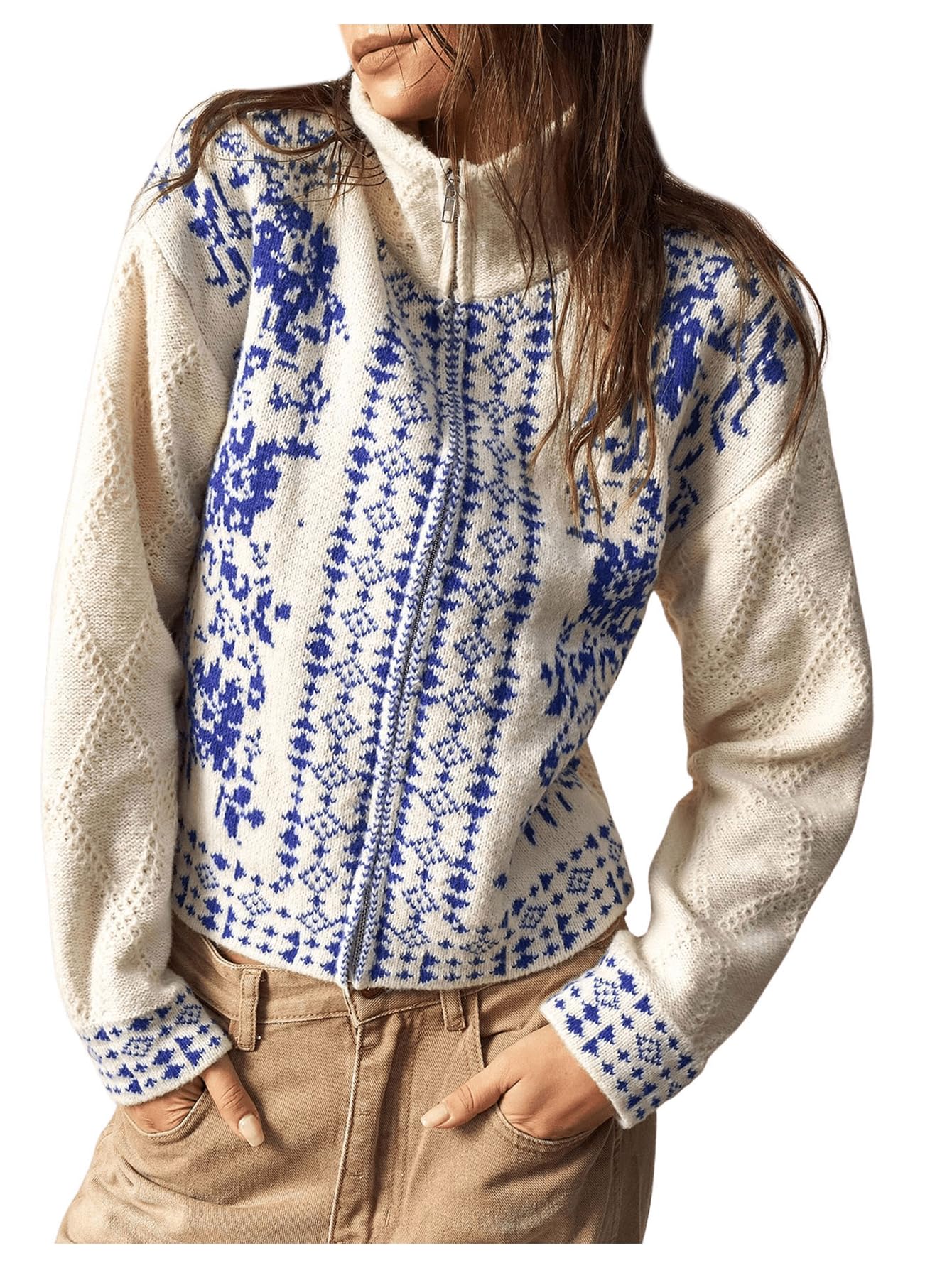 Milumia Womens Zip Cardigan Sweaters Boho Floral Printed Long Sleeve Knitwear Outerwear