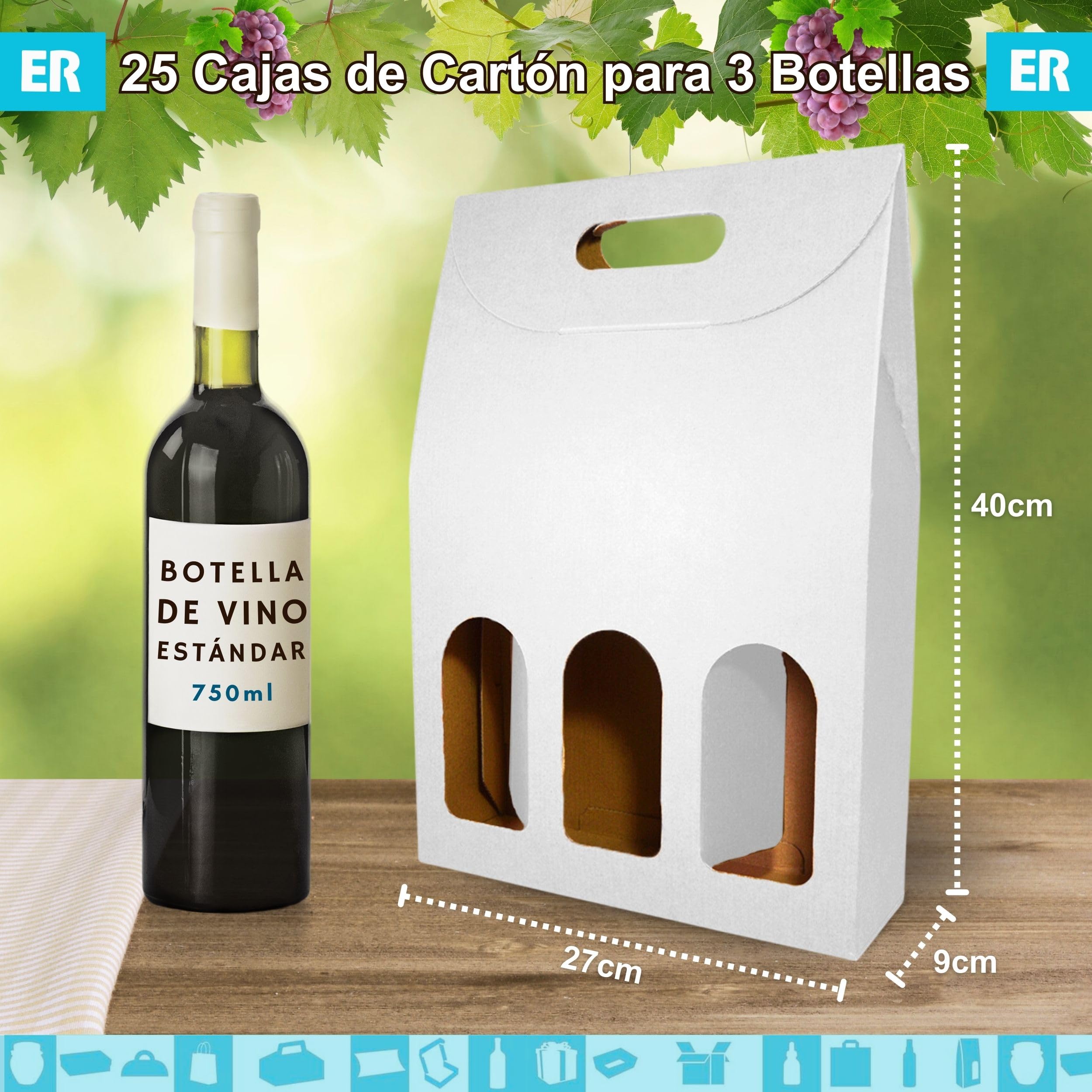 25 Cajas de Cartón Blanco Vacías para 3 Botellas de Vino 27x9x40cm | Estuches para Regalo y Embalaje de Vino | Maletas de Vino para Regalar: Pascua, Cumpleaños, Navidad