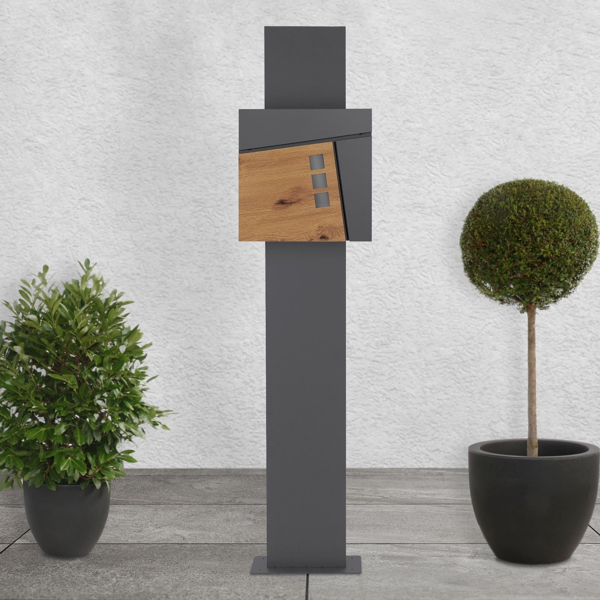 ECD Germany Standbriefkasten mit Zeitungsfach, Briefkasten Standfuß freistehend, Briefkastenständer Anthrazit 170cm aus Edelstahl pulverbeschichtet, Postkasten Anthrazit/Holzoptik 37x37 cm aus Stahl
