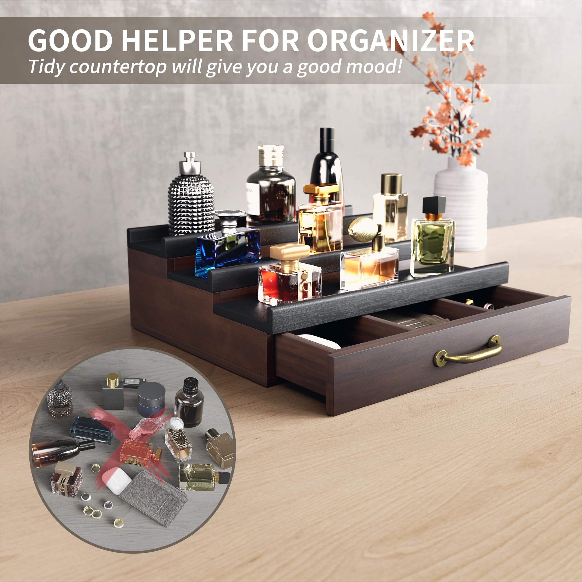 YIKIBOX Cologne Organizer for Men,Wooden Perfume Organizer with Hidden Compartment and Drawer,Cologne Stand and Storage Display Risers for Dresser,Great Gift for Men/Friend?DarkBrown?