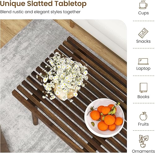 Miniatura 6 de Tangkula Mesa de centro de madera, mesa de cóctel de madera de acacia de granja con mesa de listones para sala de estar, mesa de té central