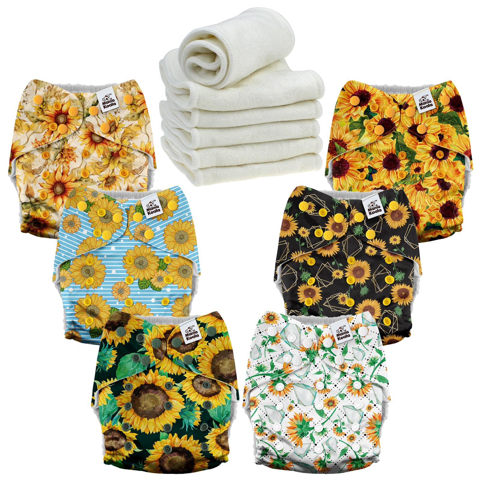 Mama Koala 6 Pack Reusable Cloth Diapers for Babies Girls Newborn, One-Size Adjustable Baby Diaper, Durable Stitching, Back Opening for Inserts, Breathable Awj Lining, Leak Prevention-Sunflowers