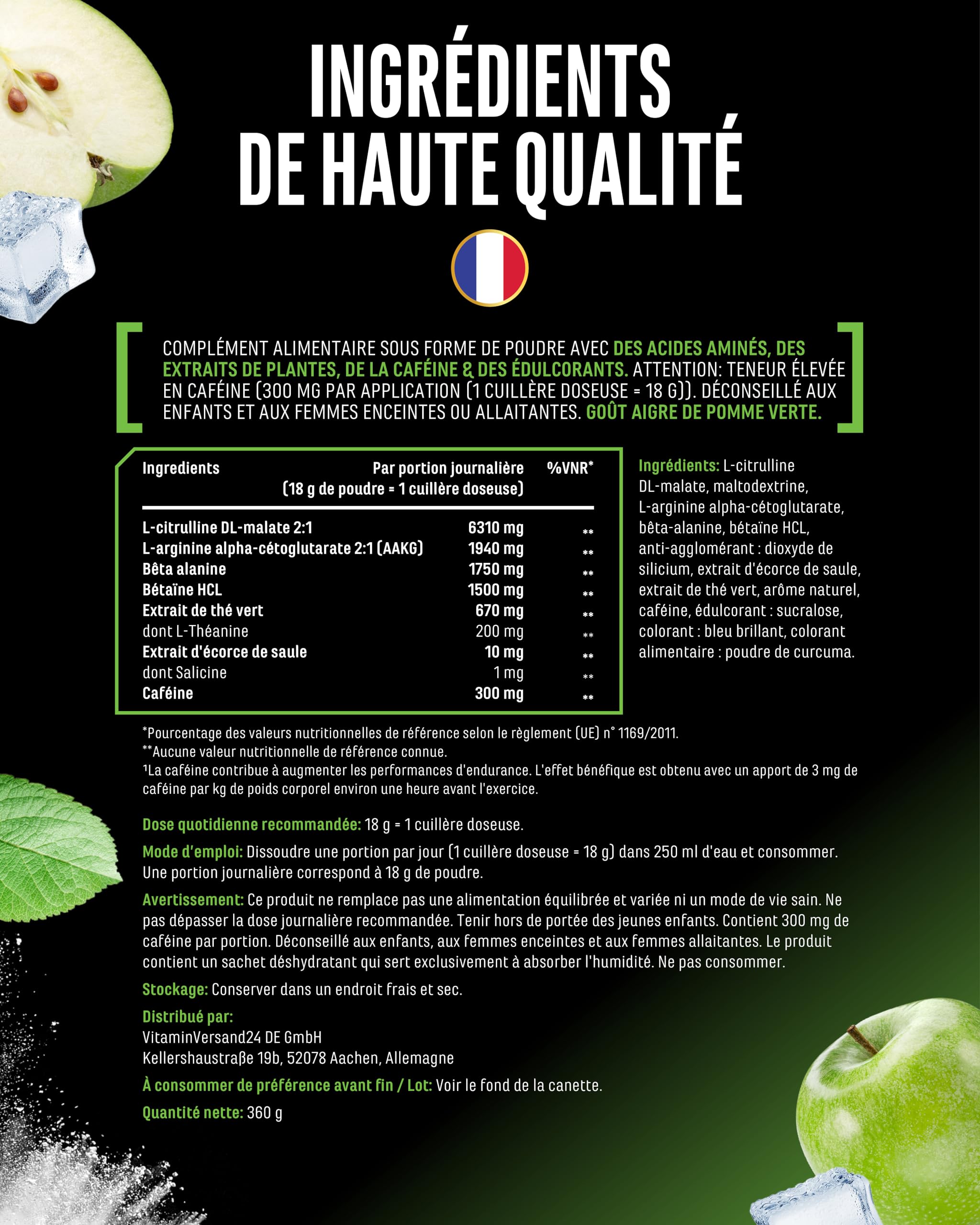 LIMITBREAKER® Pre Workout Booster avec Caféine 300 mg - Goût Pomme Verte Acide - avec L Citrulline, AAKG, Bêta Alanine & L Théanine - Haut Dosage - 360 g Poudre 20 Portions - Végan