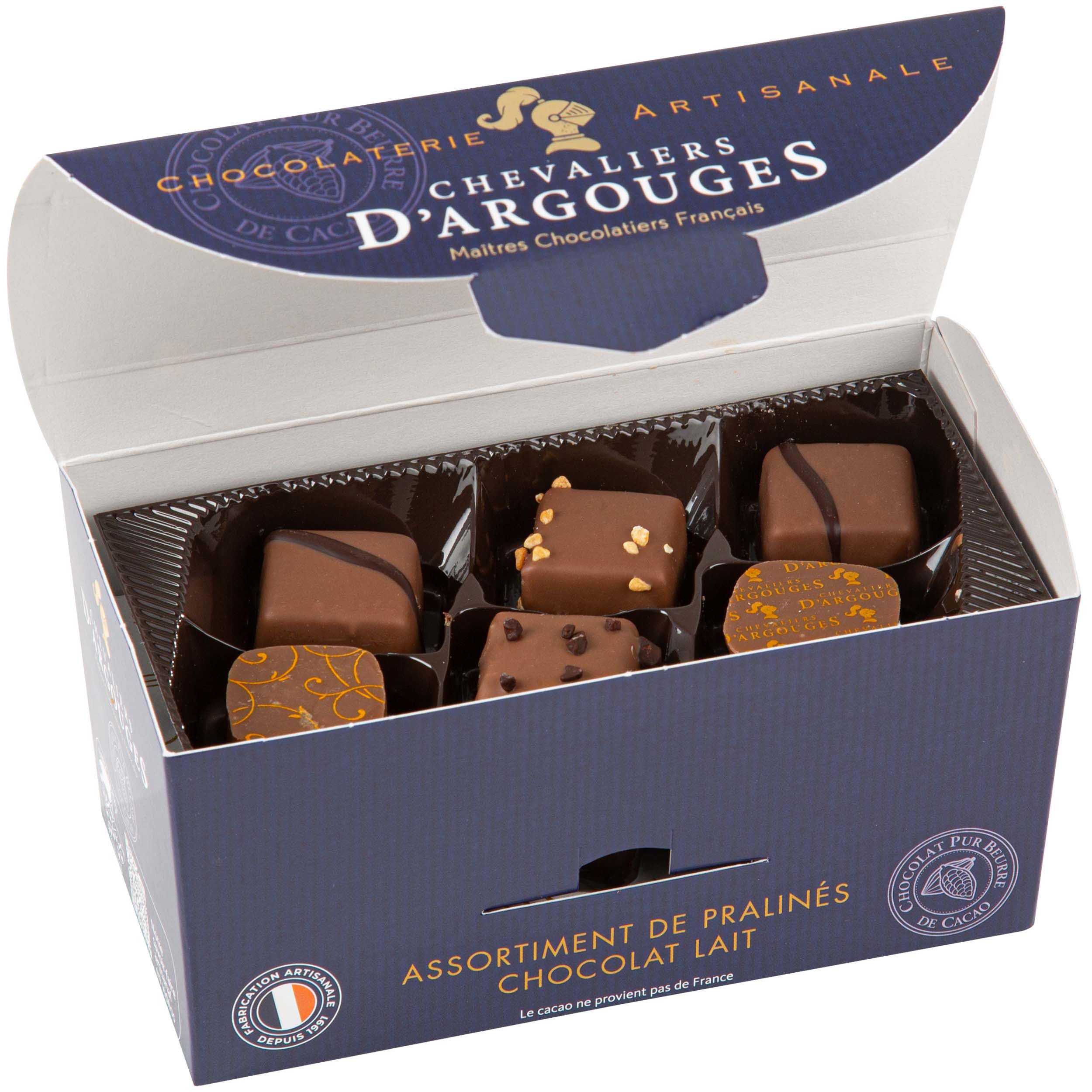CHEVALIERS D'ARGOUGES Maîtres Chocolatiers Français - Assortiment de pralinés chocolat lait 33% - Ballotin Dégustation 185g