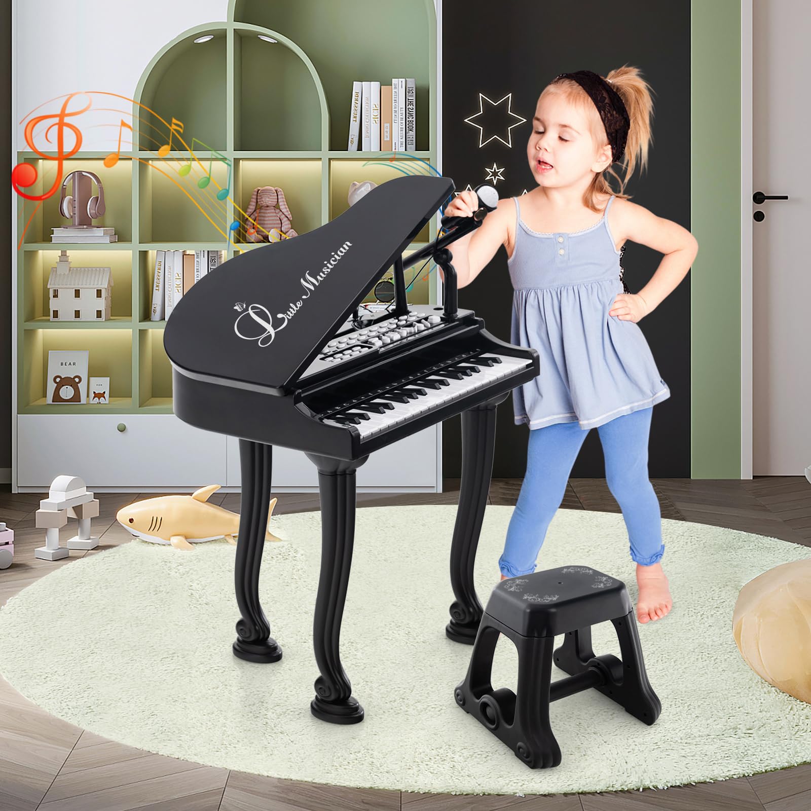COSTWAY Piano Numérique 37 Touches pour Enfants avec Tabouret & Microphone, Piano Electronique Portable avec Mode d'Enseignement LED & MP3, Piano Enfants 3 Ans, Charge 50kg(37 Touches, Noir)
