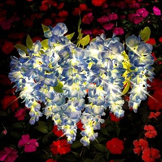2Pack Artificial Fall Wisteria Solar Powered Lights Flowers Bed Outdoor Waterproof for Gift Grave Cemetery Outside Table Floral Arrangement Halloween Pathway Sidewalk Garden Decoration Blue